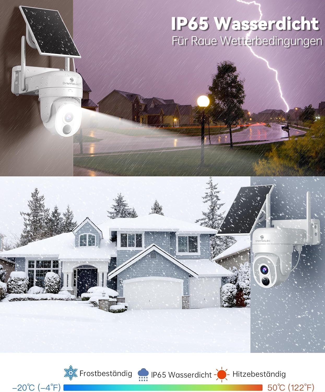 SYMYNELEC 2K Überwachungskamera Aussen Akku Solar 5GHz/2,4GHz WLAN | Kamera Überwachung Aussen Kabellos, 360° PTZ, KI-Bewegungserkennung, Farbnachtsicht, Zwei-Wege-Audio, Alexa, IP65, 2 Stück