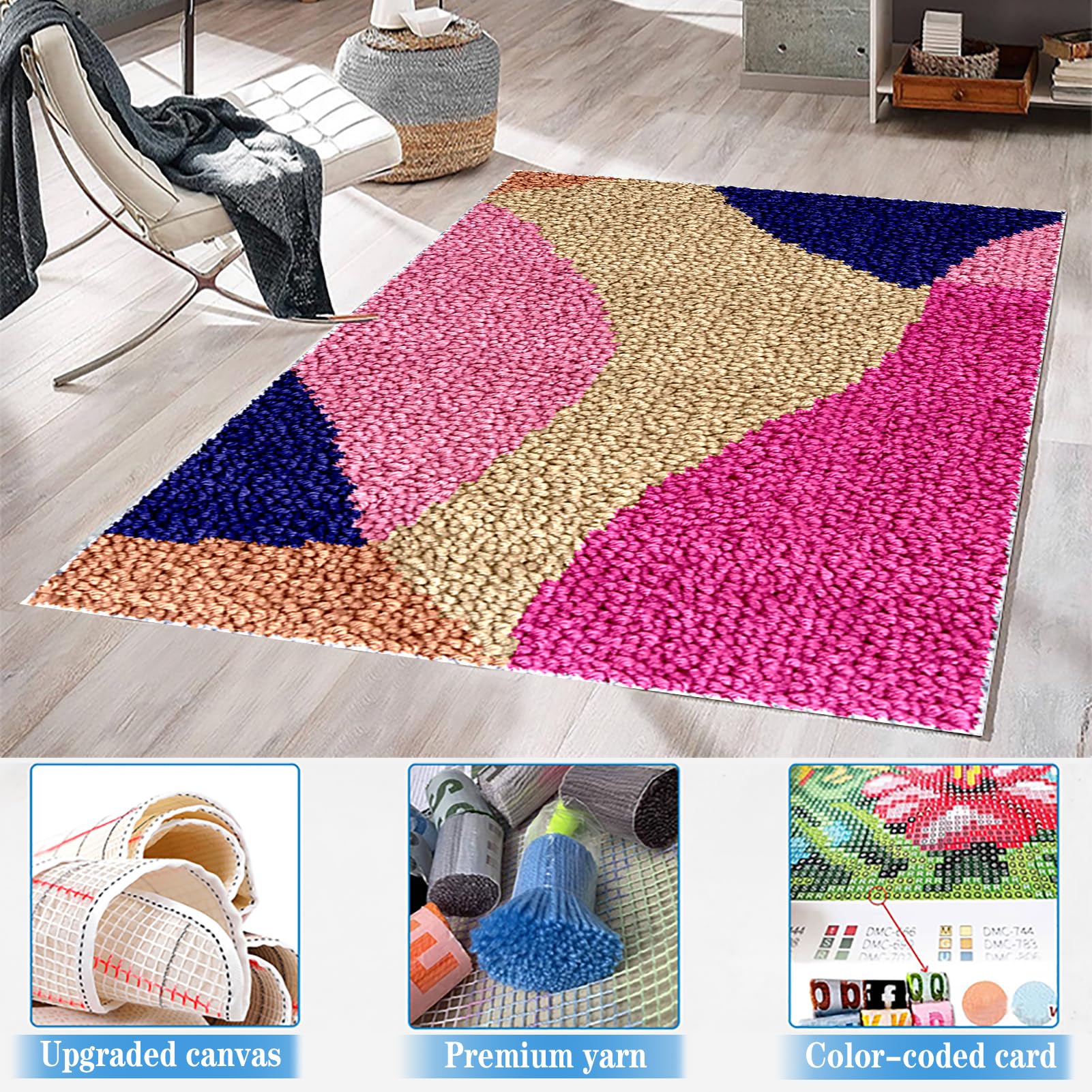 69 x 102 cm Knüpfteppich Zum Selber Knüpfen - DIY Knüpfsets Kreuzstich Teppich Set - Knüpfset für Kinder Erwachsene Großer Teppich Knüpfen Set Erwachsene Kreuzstich Set - Fußabtreter Latch Hook Kit