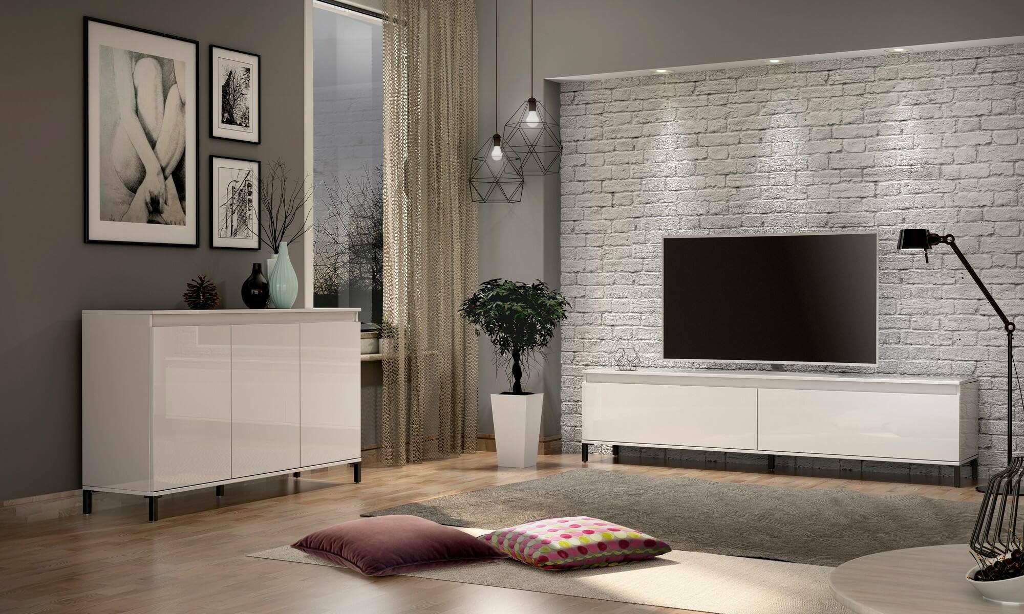Dmora - Credenza Nyandeni, Buffet da soggiorno, Madia da salotto, Dispensa da cucina, Made in Italy, 138x40h90 cm, Bianco lucido e Antracite