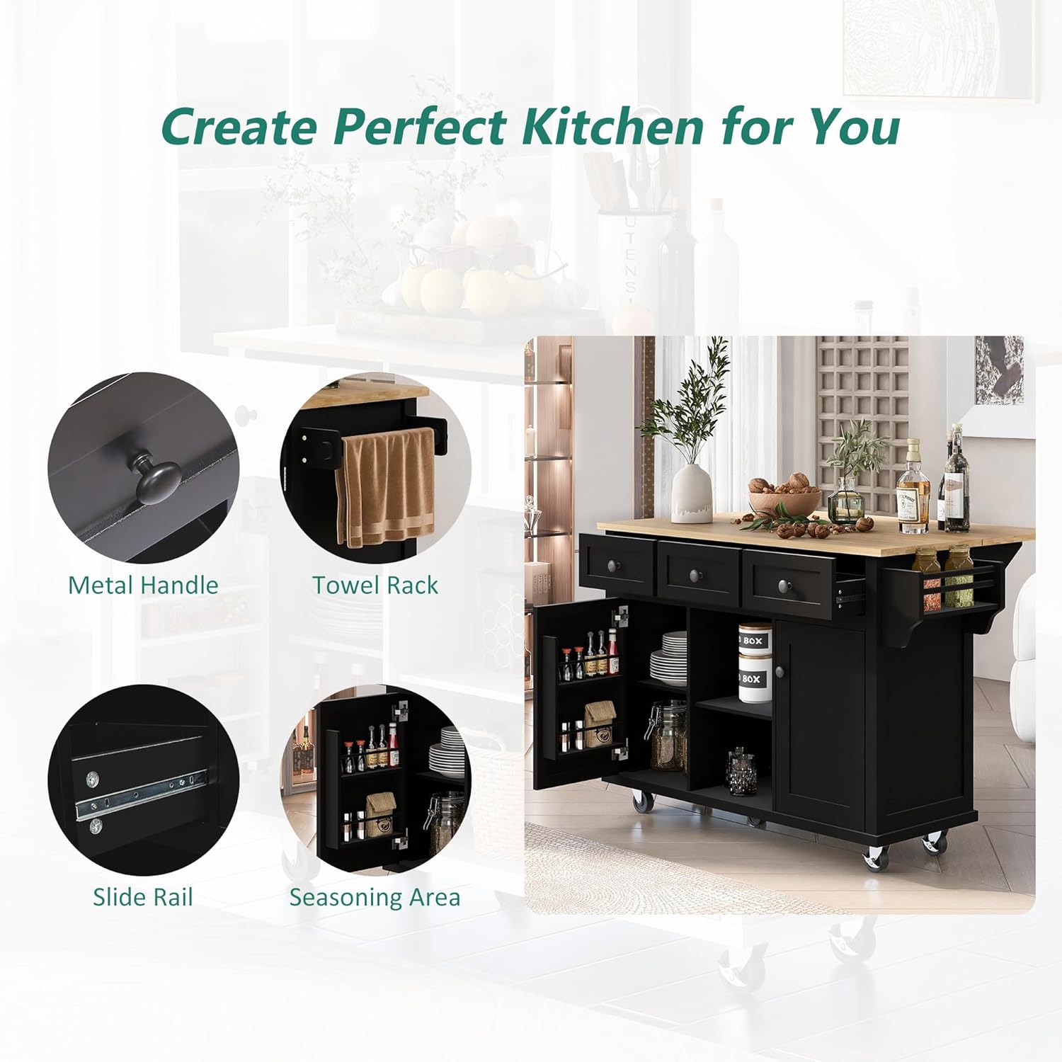 RuiSiSi Kitchen Island on Wheel with Drop Leaf and 3 Drawer, Rolling Kitchen Cart with Internal Storage Racks, Cart Table with Spice Rack and Towel Rack, 53.1" W Island Table for Dining Room, Black