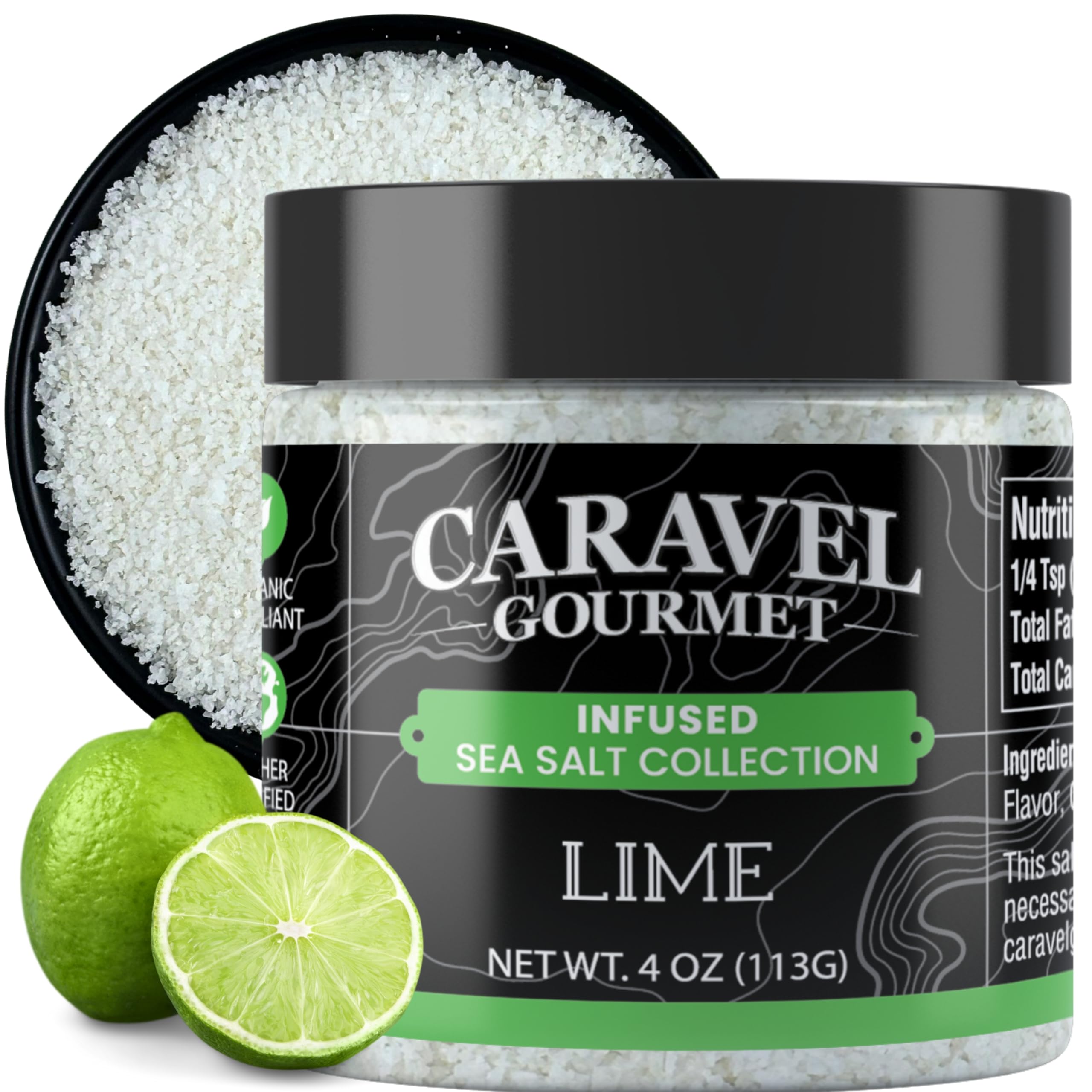 Lime Salt for Seasoning, Grilling and Rimming – Pure and Mineral-Rich Flavored Salt with Saltiness and Citrusy Freshness – 4 oz Jar by Caravel Gourmet