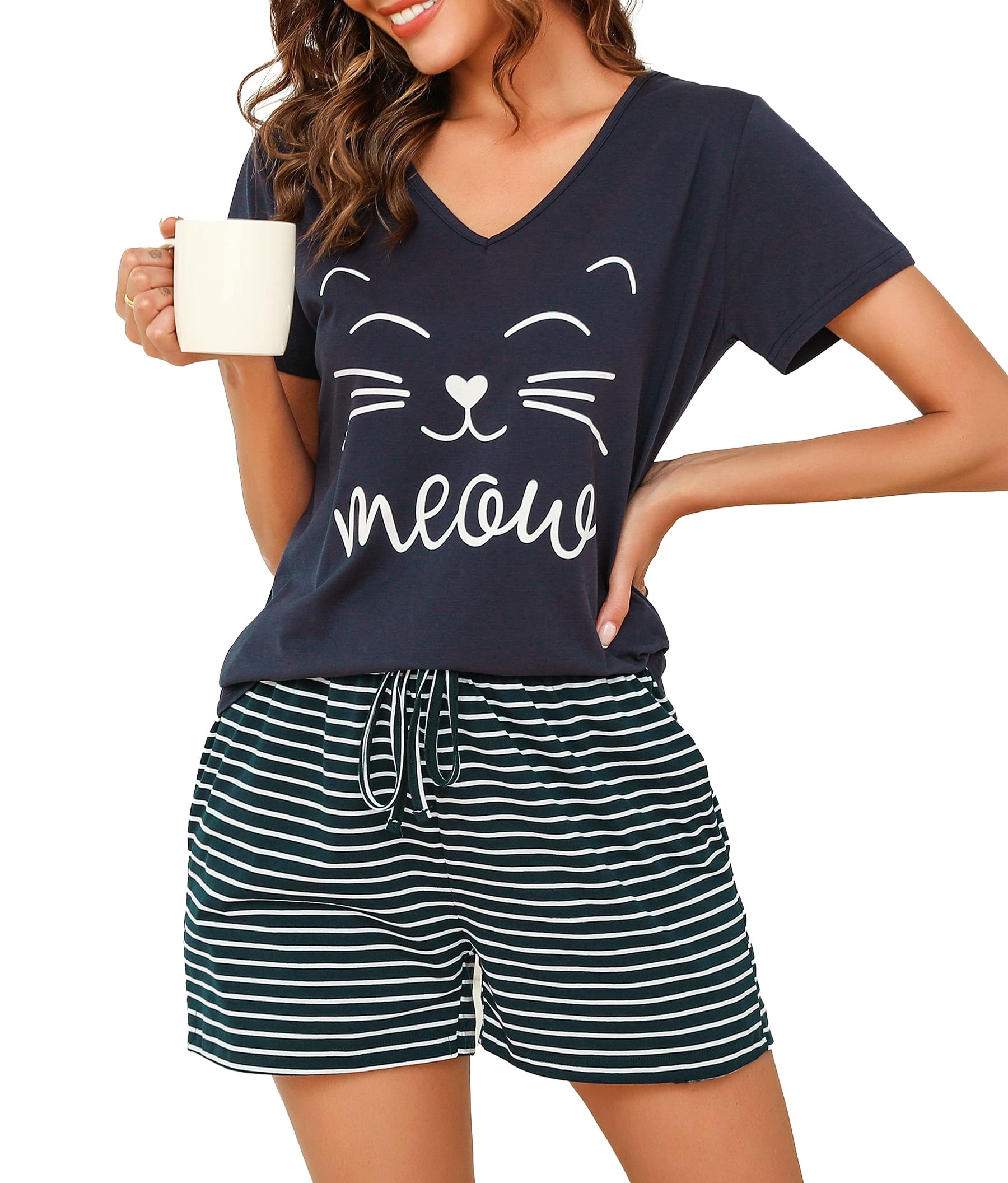 Lovasy Schlafanzug Damen Kurz Baumwolle Sommer Shorty Pyjama Damen Set Zweiteiler Kurzarm Schlafanzüge für Damen Loungewear Nachtwäsche