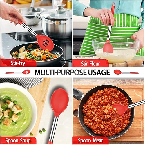 Miniatura 4 de Paquete de 2 cucharas de cocina grandes de silicona, antiadherentes de acero inoxidable ranuradas y sólidas para servir, mezclar, drenar,