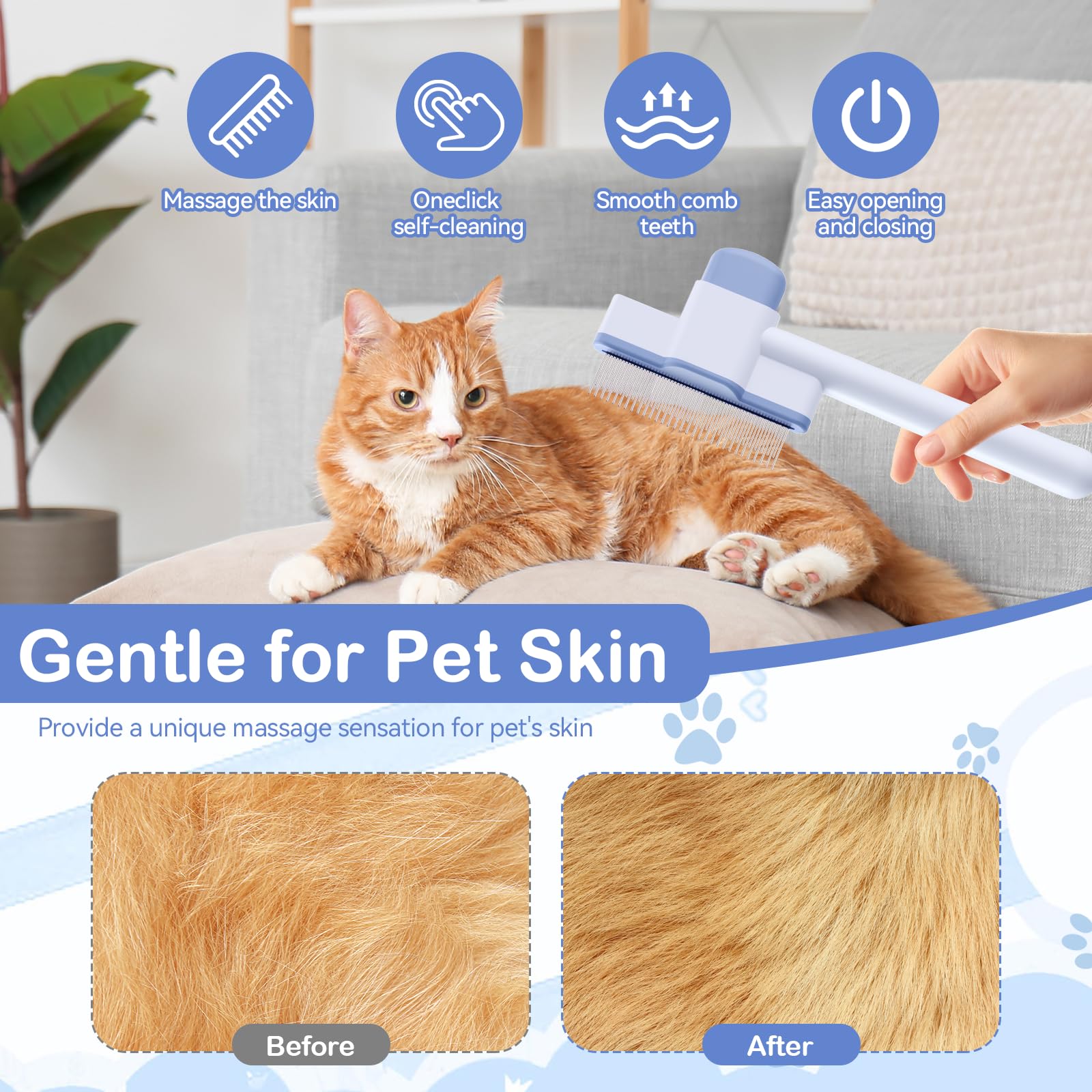 2 Pezzi Pettine da Toelettatura per Gatti Pettine per la Depilazione Degli, Pettini per Pulci Autopulente per Animali Somestici, Pettini per Gatti con Funzione Autopulente con Pulsante di Sblocco