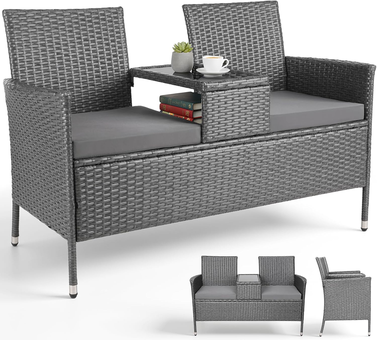 Clevich Polyrattan Gartenbank mit Tisch, Balkonmöbel 2er Set mit Weicher Sitzkissen, Gartenmöbel Set für Kleinen Balkon, Wetterfest, UV-beständig, Outdoor Sitzbank für Terrasse, Garten (Grau)