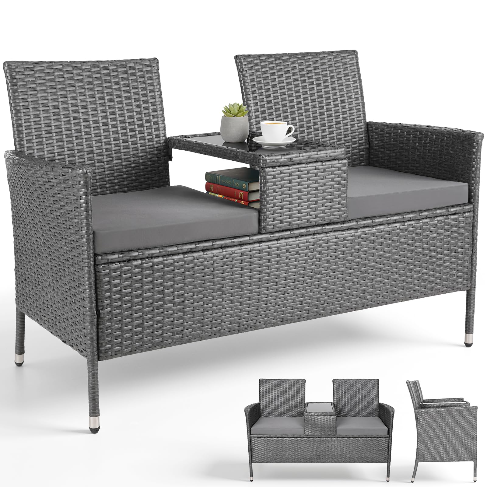 Clevich Banc de Jardin en Rotin avec Table Intégrée, Salon de Jardin Balcon