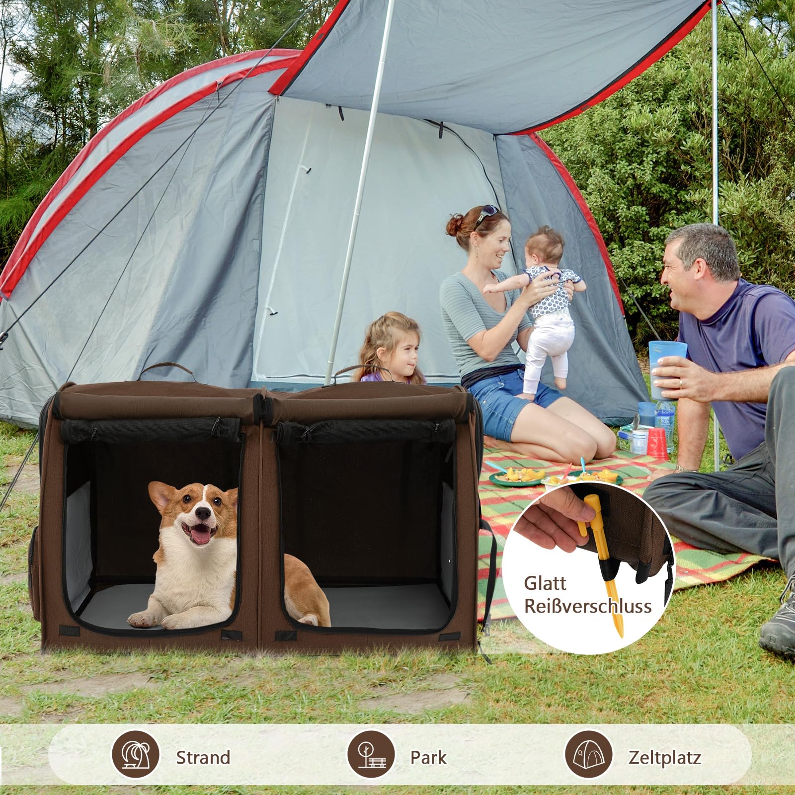 GOPLUS Transportbox mit Zwei Fächern für Katzen, 2 in 1 Haustierhütte mit abnehmbaren Hängematten & Katzentoilette, Tragbare Reisebox für Katzen & Hunde mit Tragetasche (Braun)