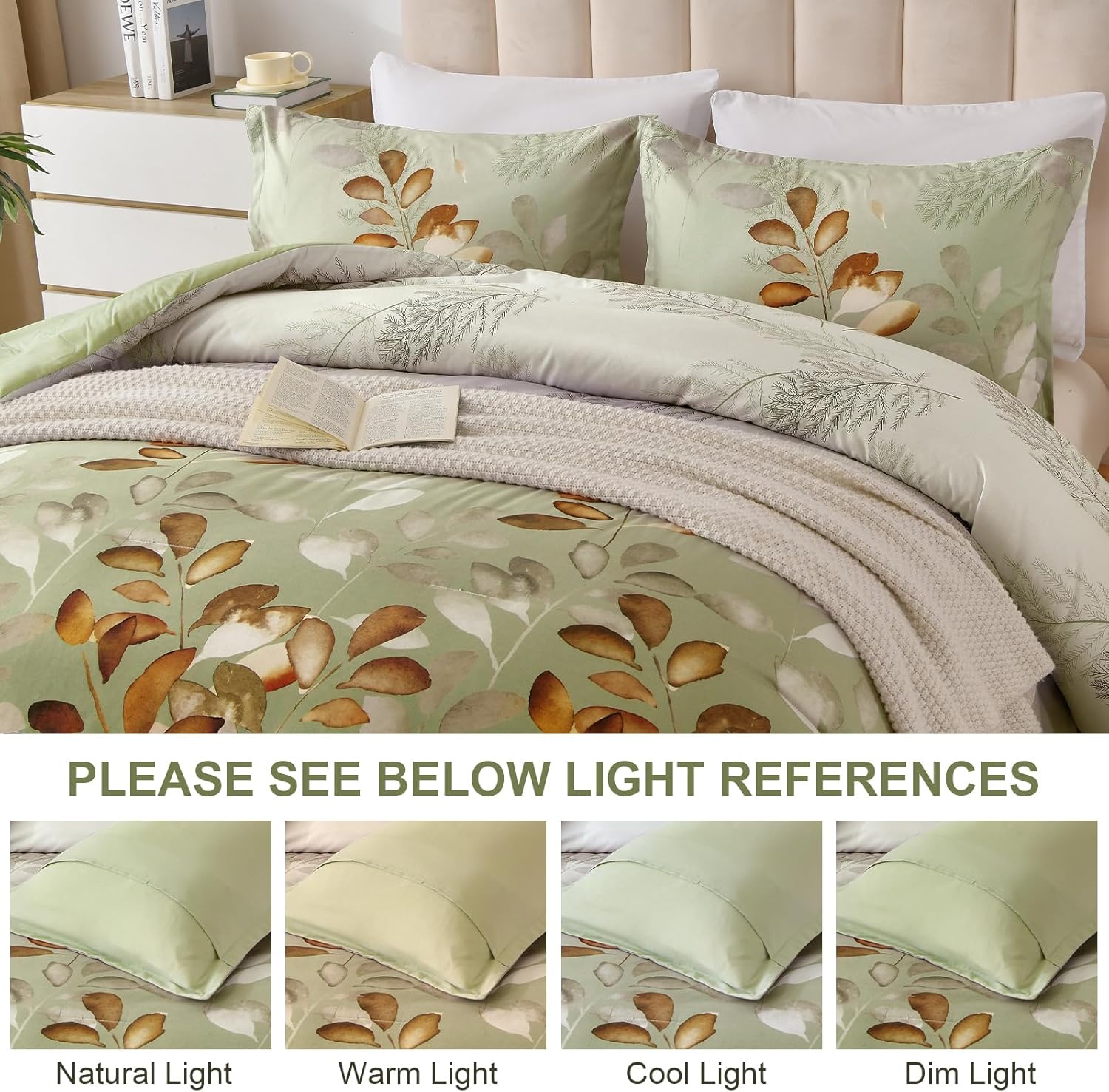 DJY Queen Comforter Set, Green Brown Botanical Leaves Comforter Set Queen Size, 3 Pieces Reversible Brown Floral Bed Comforter Sets Soft Microfiber Bedding Comforter Set for All Season (90"x90")