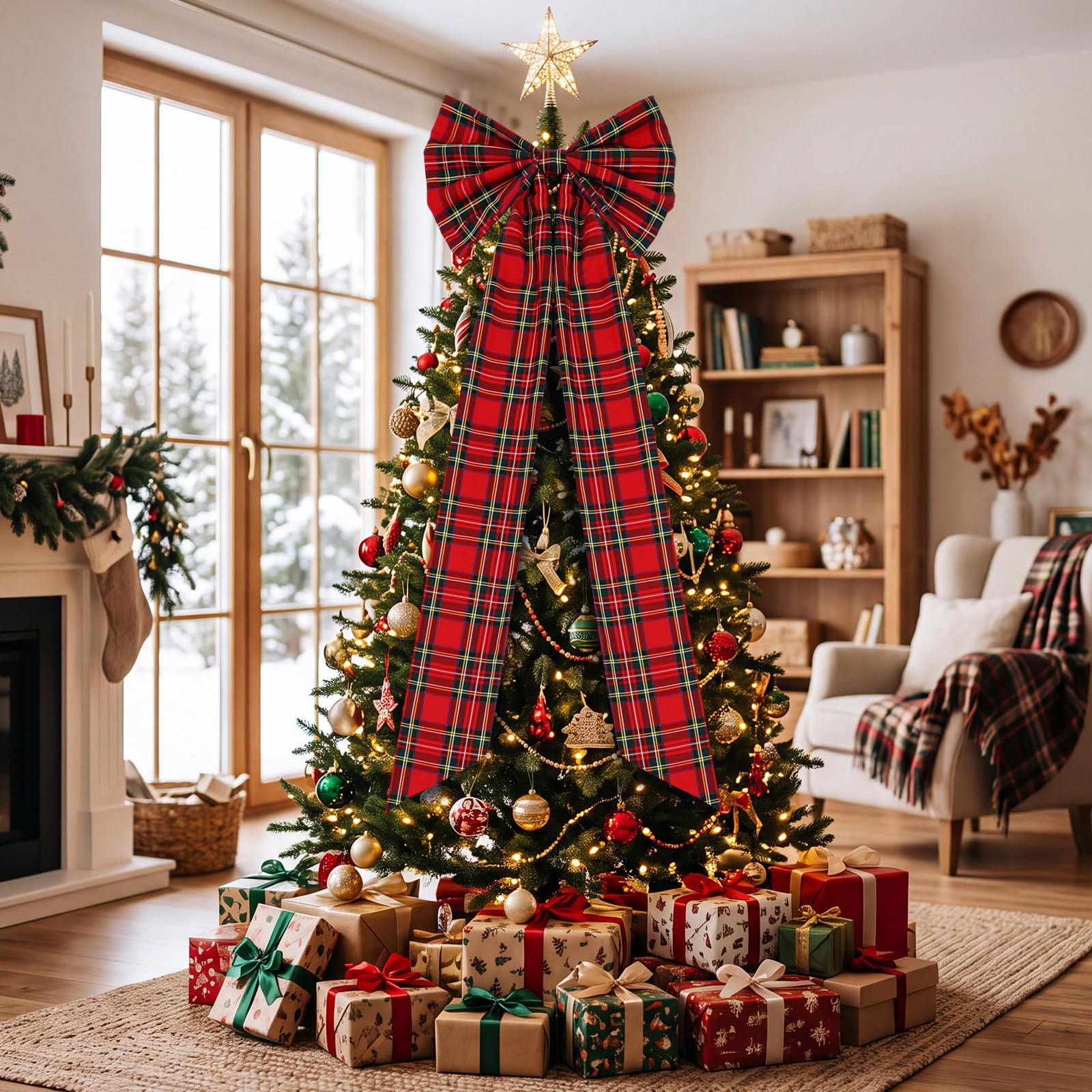 20 x 60 in Tartan Large Christmas Tree Topper Bow, Red Green Tartan
