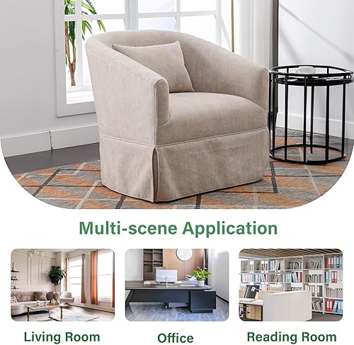Miniatura 7 de ODUWA Sillón giratorio con acento, tapizado de lino de 360 grados con falda, moderno y cómodo sillón redondo con base de metal y 1 almohada para