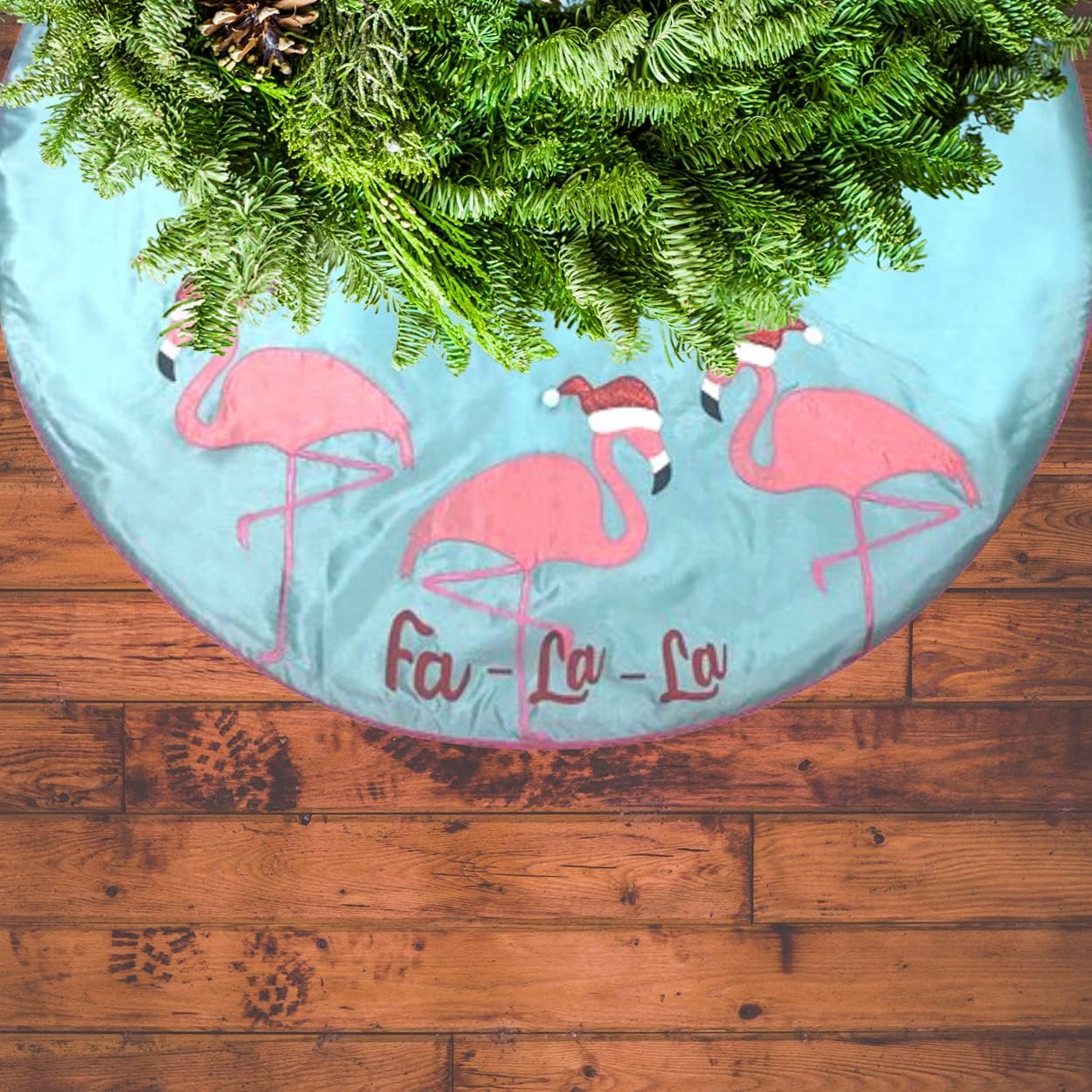 Needzo Blue Flamingo Decor Tree Skirt Christmas Decoration, Colorful Beach Themed Reusable Festive Holiday Decoration, 42 Inches