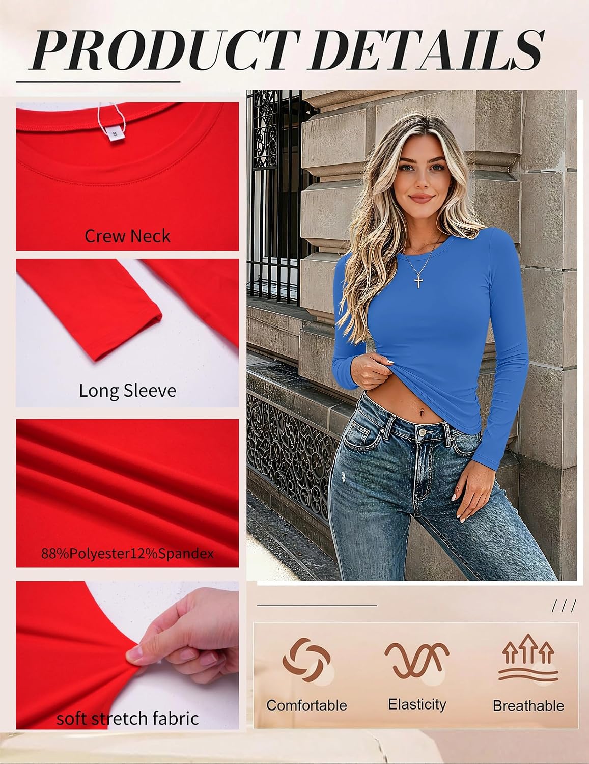  Women Long Sleeve Shirts Slim Fit Going Out Tops Crewneck Basic Tee thumbnail