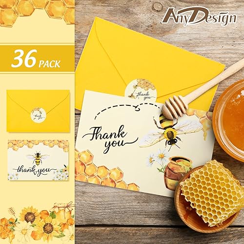 Miniatura 2 de AnyDesign Tarjetas de agradecimiento de abeja, paquete de 36 notas de agradecimiento con calcomanías de sello a juego, sobres amarillos, tarjeta de