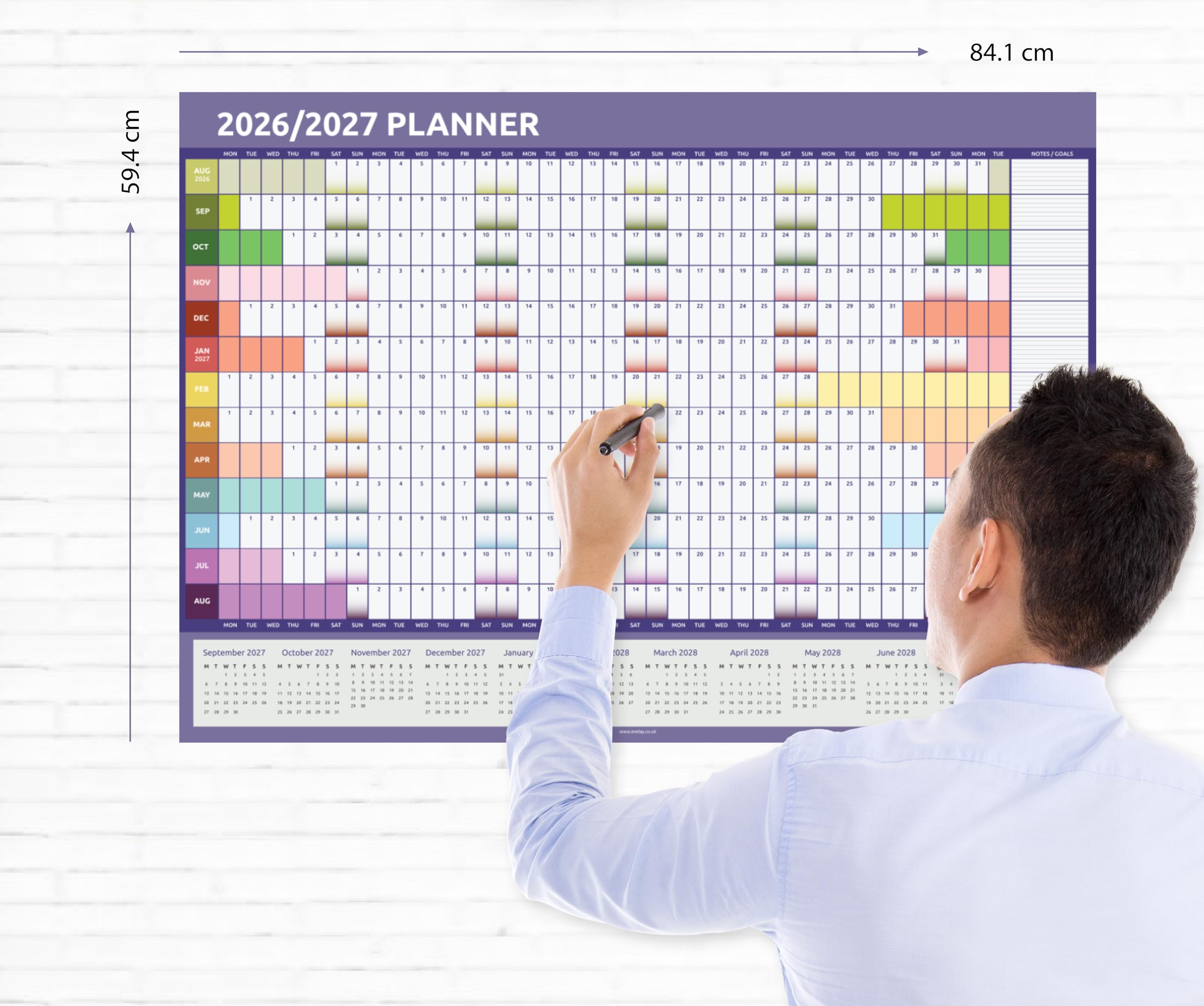 Planificador académico de pared 2026 2027, tamaño A1, calendario británico de mitad de año, 84 cm x 59 cm, organizador anual grande para profesores de escuela y estudiantes (arcoíris)