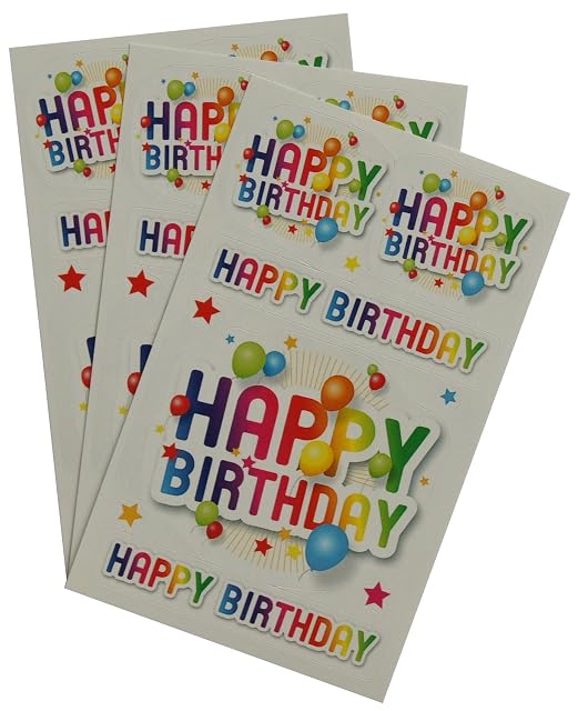 bsb Pegatinas de cumpleaños con texto en inglés "Happy Birthday" con globos, 3 hojas de 7,8 x 12,5 cm