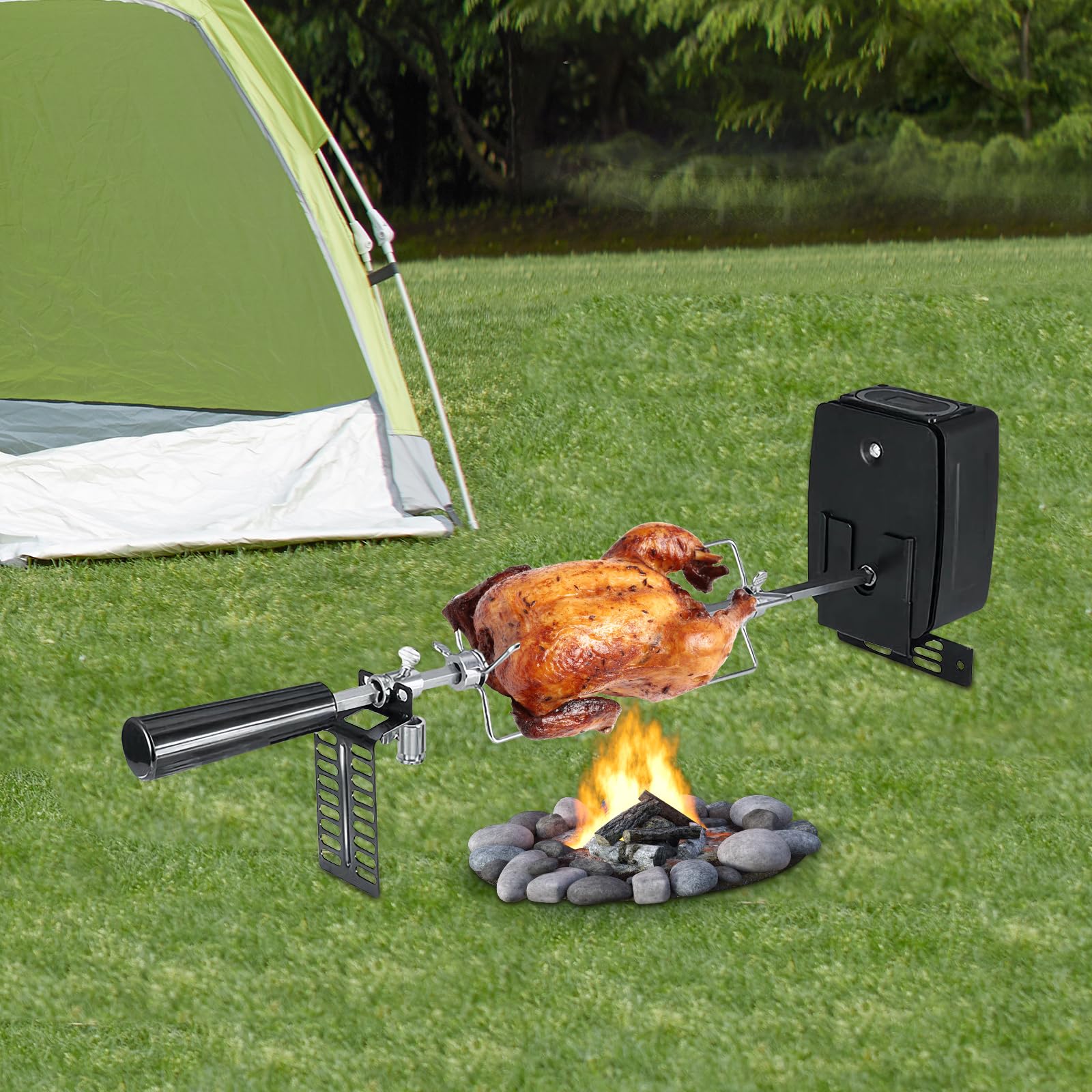 Spiedo elettrico da 106 cm, universale, in acciaio inox, con motore a batteria a 360°, supporto per pollo motorizzato, 2-3 giri/min, portata 7 kg, ideale per barbecue a gas, barbecue a carbonella