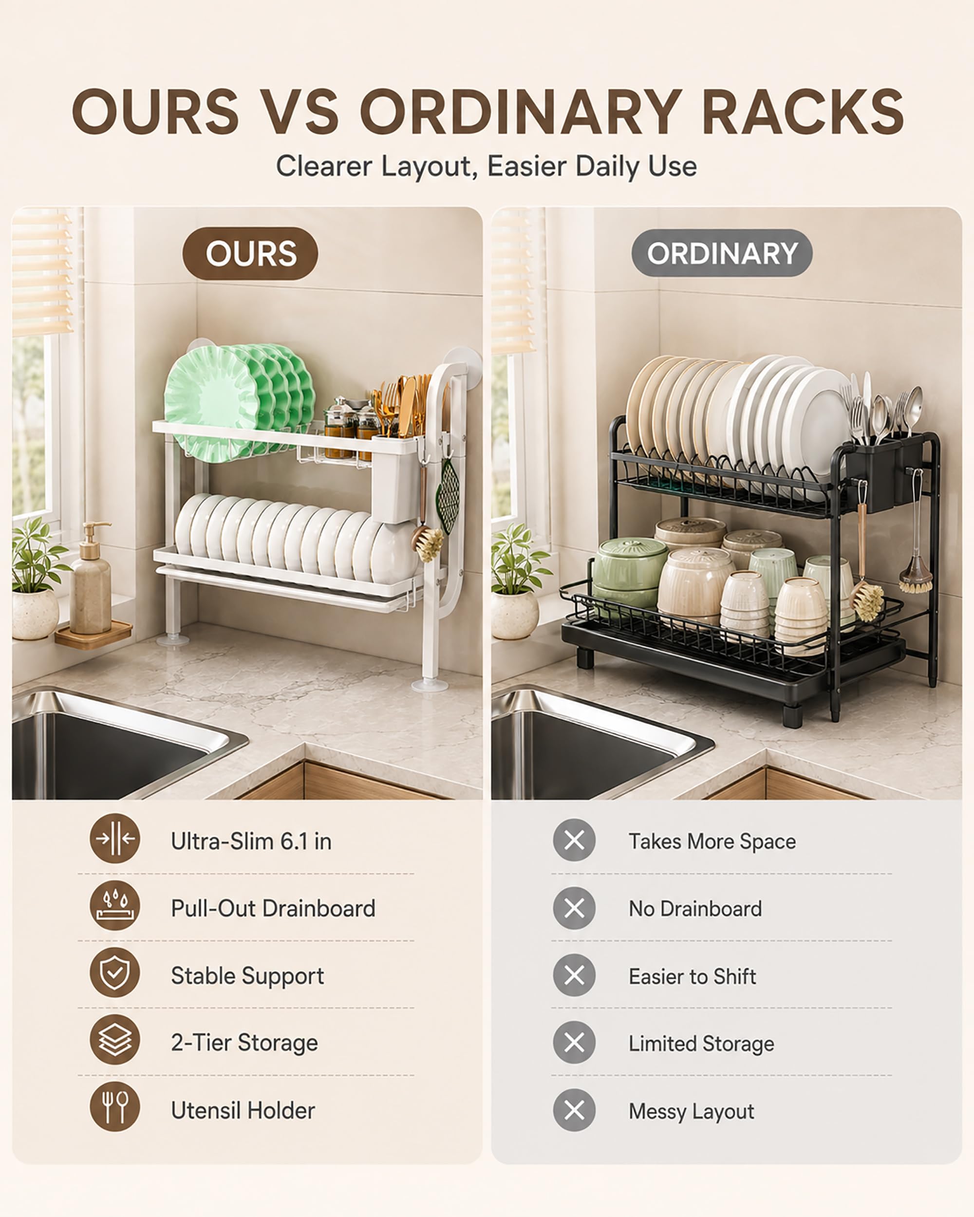Scolapiatti Salvaspazio a 2 Livelli per Spazi Stretti - Organizer Cucina da Piano in Acciaio al Carbonio - Scaffale con Vassoio Antigoccia e Portautensili, 50x17x46.5 cm
