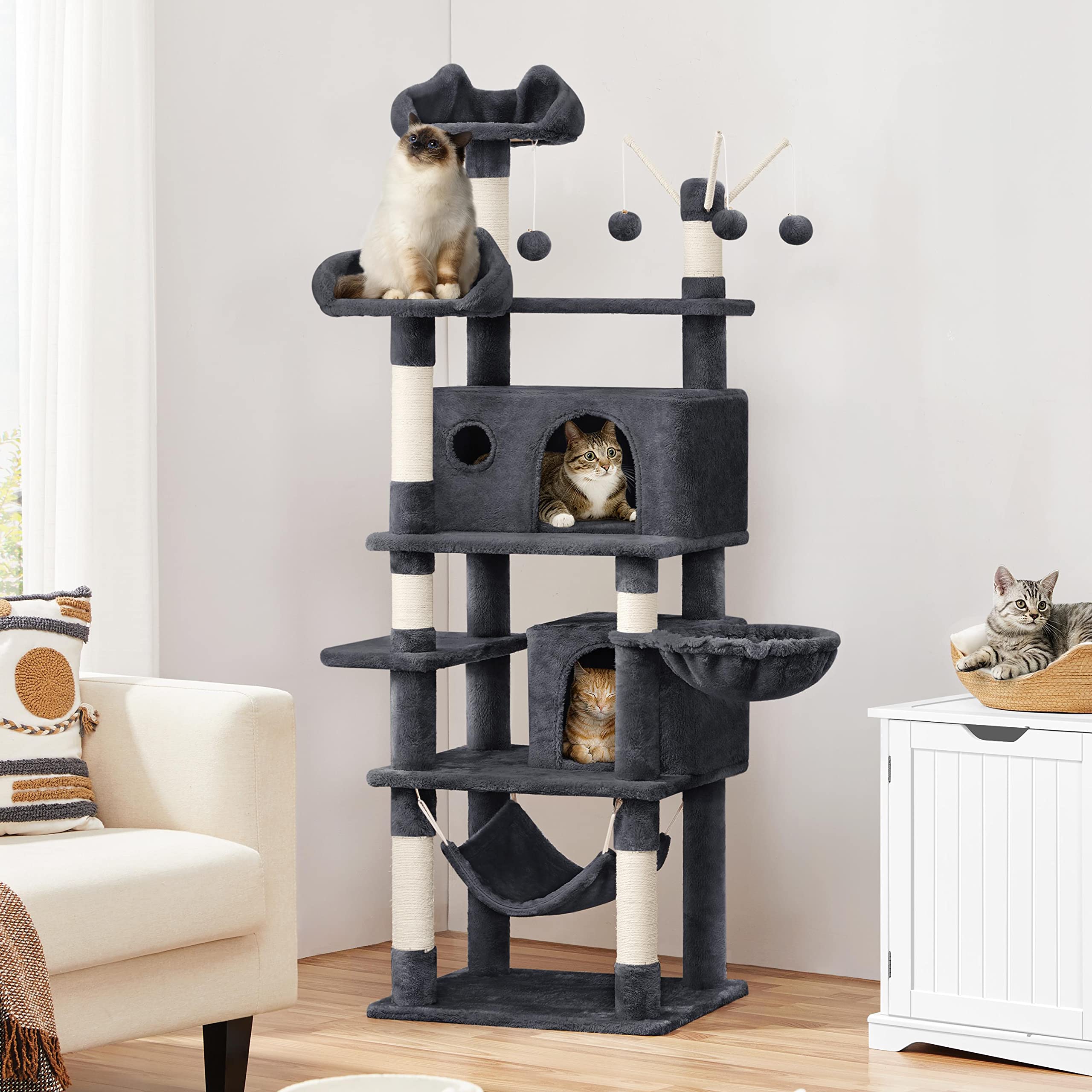 Yaheetech 170cm Kratzbaum Katzenbaum mit 3 Katzenangeln mit Ball dunkelgrau | FSC-zertifizierte Spanplatten | Mehrstöckiger Kratzbaum für Katzen | mit Kippsicherung | mit großer Katzenhöhle & Hängematte