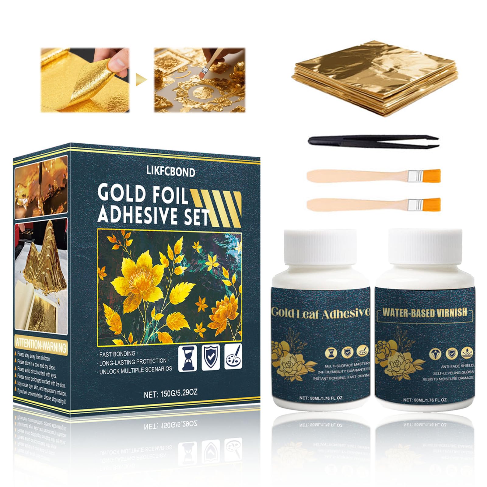 Gold Leaf Sheets for Art Gilding Adhesive Set 50ml Water Based Metal Leaf Glue and 50ml Protective Varnish, Gold Foil Sheets 50 pcs for Painting,