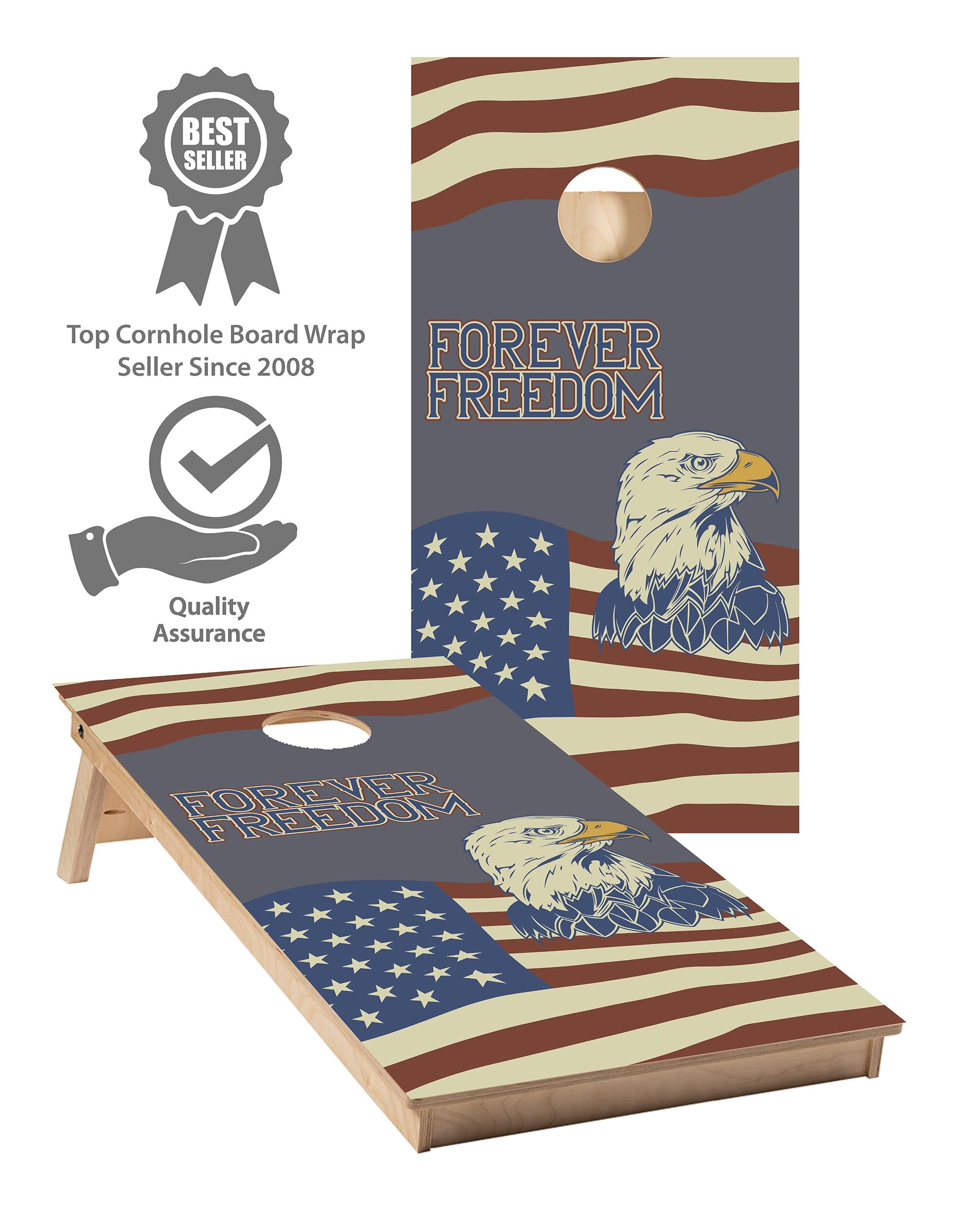 Cornhole Board Wraps 088 - Forever Freedom US Flag Cornhole Game Graphic Wraps - Includes Application Squeegee - Set of (2) 25