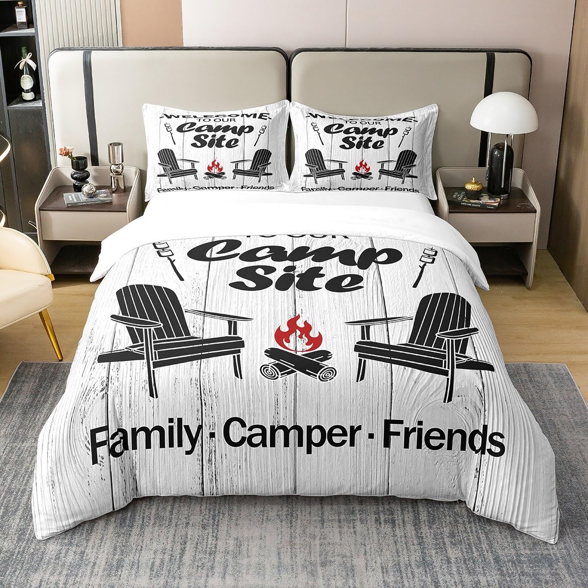 richhome Camping Theme 100% Nature Cotton Duvet Cover Single Size,Retro Splicing Wooden Stripes Super Soft Bedding Set,Campfire Barbecue Lounge Comforter Cover Bedding 2 Piece (No Comforter)
