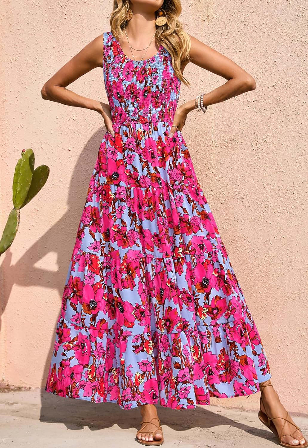 PRETTYGARDEN Smocked Tank Floral Maxi Dresses for Women 2026 Wedding Guest Dress Sleeveless Flowy Long Sundress with Pockets - Image 3