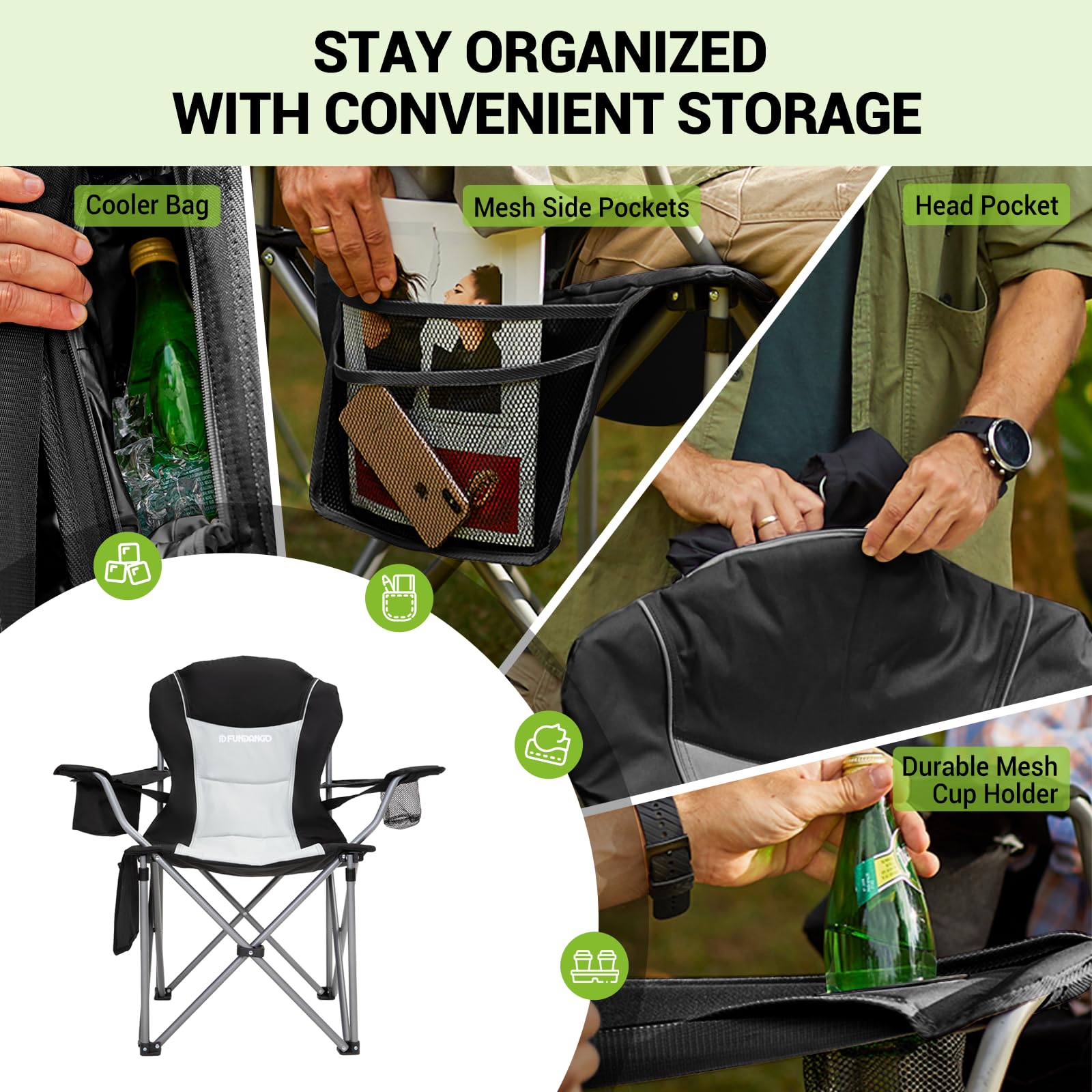 FUNDANGO Dubbele campingstoel voor volwassenen, gewatteerde opvouwbare campingstoel 2-zits, outdoor opvouwbare campingstoel bank met bekerhouderzakken, zware loveseat voor strand, tuin