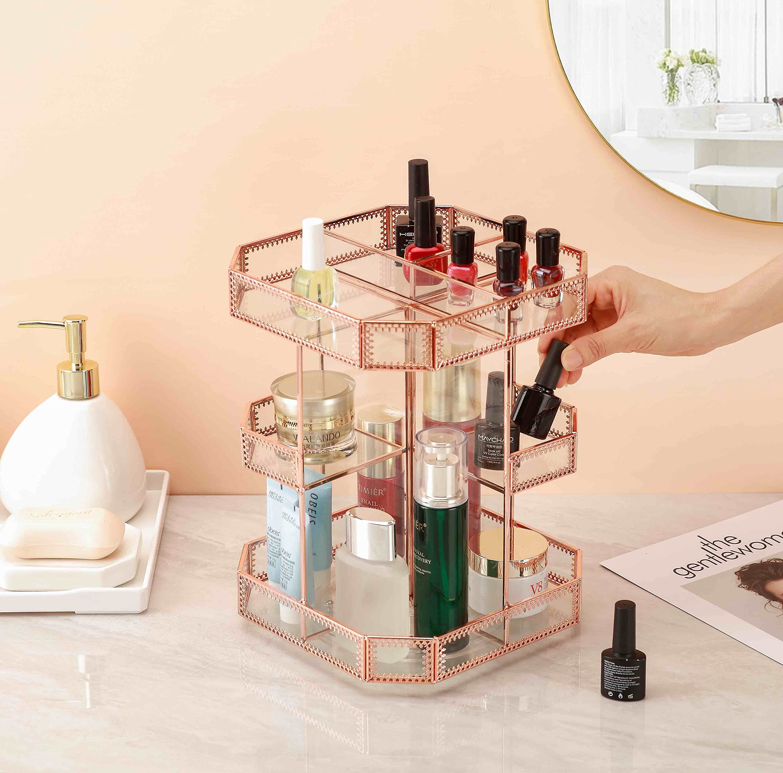 Miss Sweet Organizzatore di trucco per cosmetici regolabile a 360 gradi rotante (oro rosa)