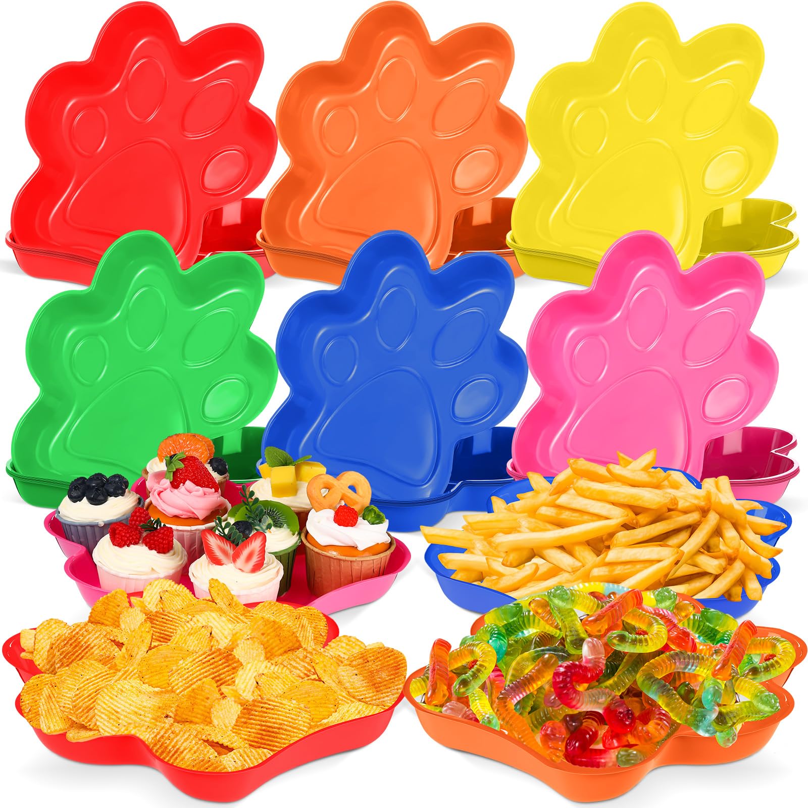 Nitial 60 Pcs Dog Paw Serving Trays, Plastic Puppy Paw Print Birthday Party Plates Patrol Colorful Disposable Pet Party Decorations Tableware Supplies