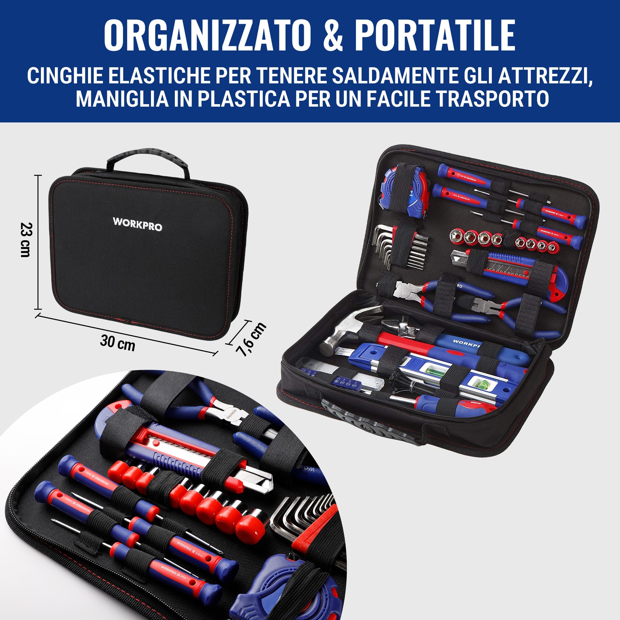 WORKPRO Set Porta Attrezzi Uso Domestico Riparazione 100 Pezzi Utensili per Officina e Lavoro con Pinza, Coltello, Cacciavite, Chiavi a Bussola, Livella, Metro in Cassetta