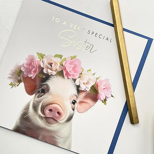Miniatura 3 de Old English Company Tarjeta de cumpleaños  Diseño de lechón para ella  Lindas felicitaciones para hermana o hermano  Interior en blanco con sobre