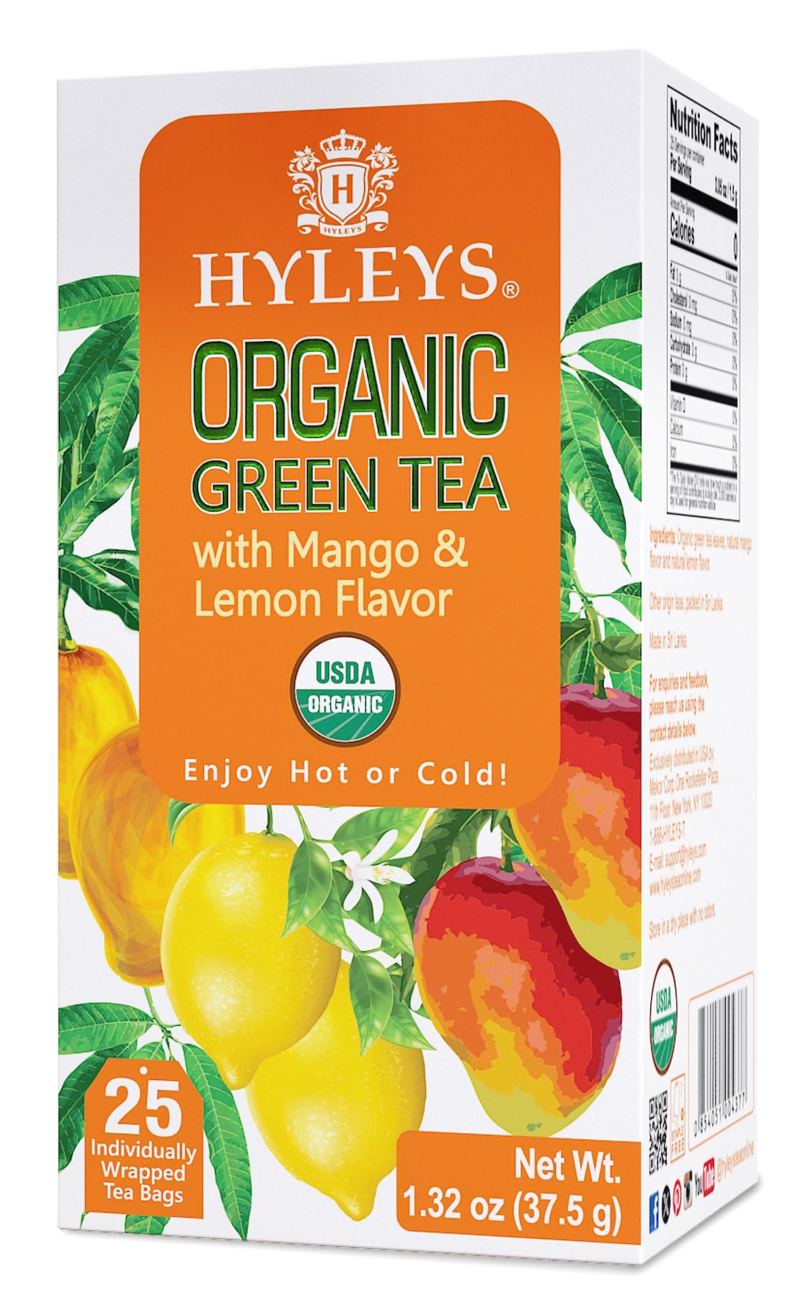 Hyleys Organic Green Tea Mango and Lemon Flavor - 25 Tea Bags