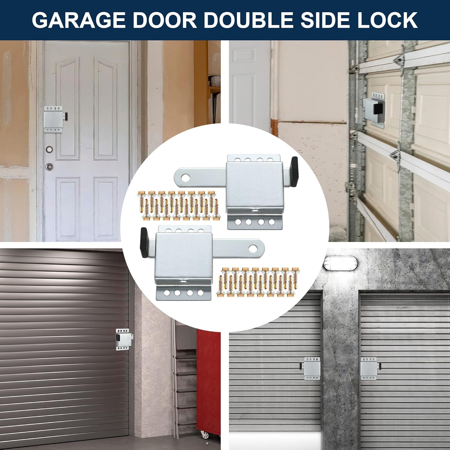 6 Pack Garage Door Side Lock with Self Tapping Screws, Heavy Duty Inside Deadlock Dual Side Lock Part, Galvanized Steel, for Door Security Slide Latch Assembly Replacement, Black PVC Handle Cover