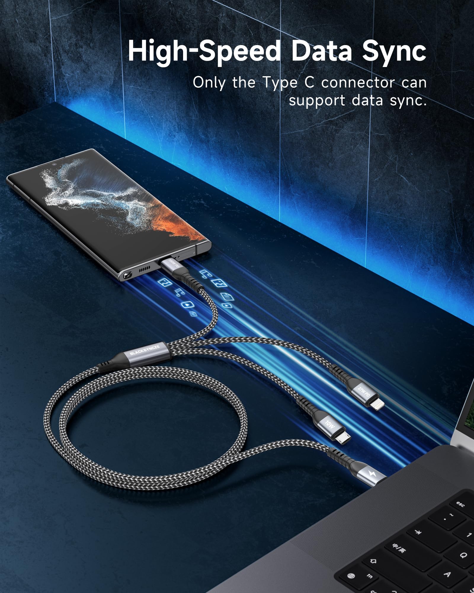 BLACKSYNCZE 100W Multi Cavo di Ricarica [1.2M] Cavo Ricarica Multiplo, USB C a USB C PD[100W]+USBC a Lightning[27W]+USBC a Micro[10W] per iPhone 15/14, Galaxy S24/S23, Pad Pro/Air, MacBook, Pixel - Vista 6