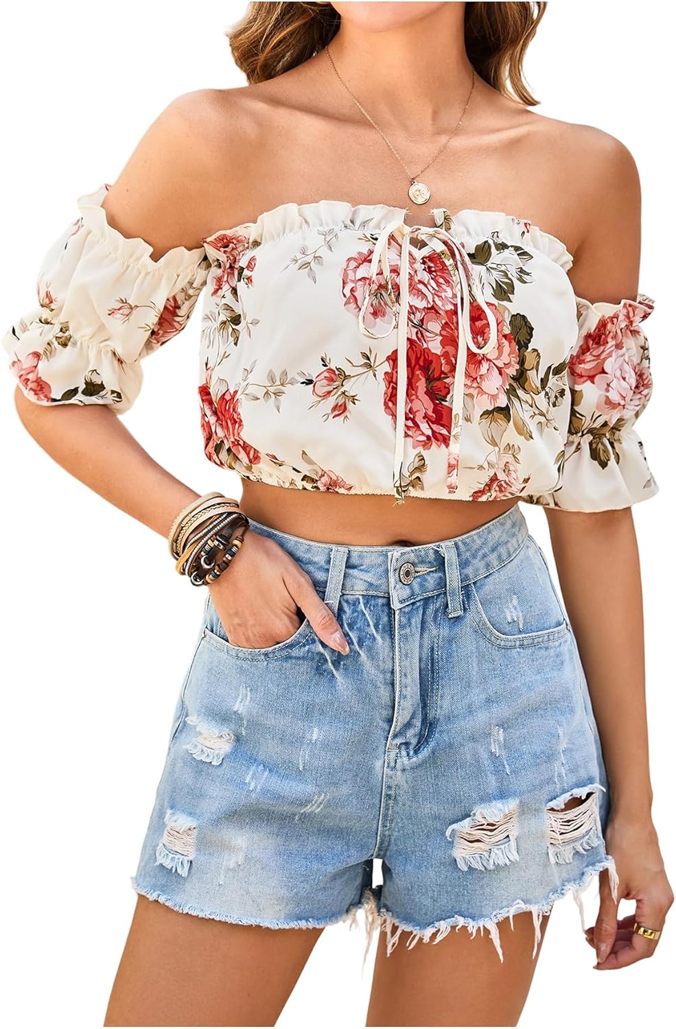 Milumia Women's Floral Off Shoulder Blouse Puff Short Sleeve Frill Trim Tie Front Crop Top