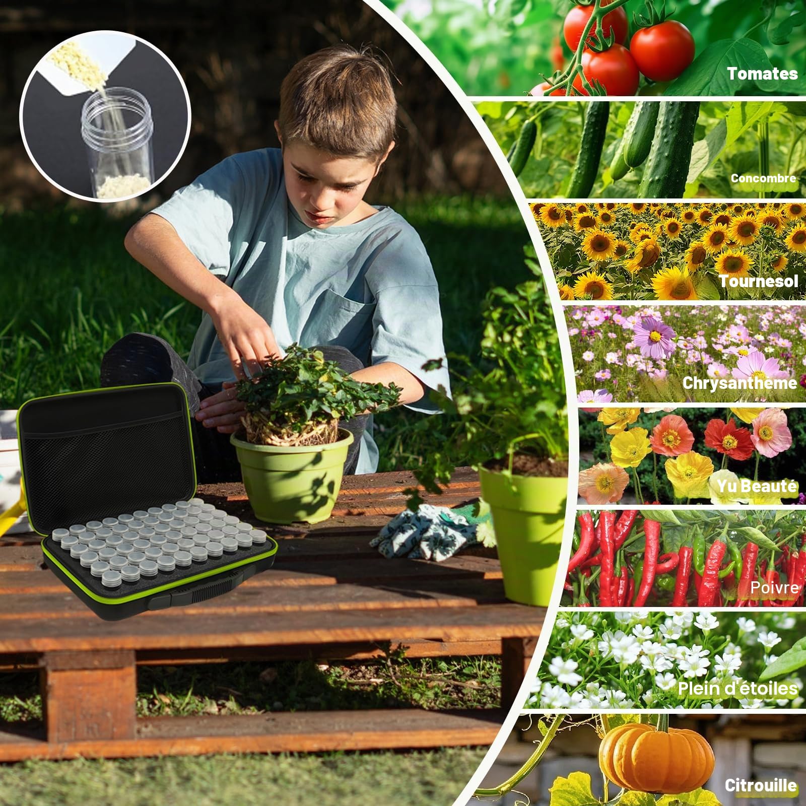 Organisateur 60Fentes pour Jardinage,Sac Zippé,Étiquettes,Entonnoirs,Pince à Épiler,Sachets Papier Rangement pour Petits Sachets de Plantation (Tomates, Fleurs,Herbes, Légumes),Anti-Lumière&Humidité