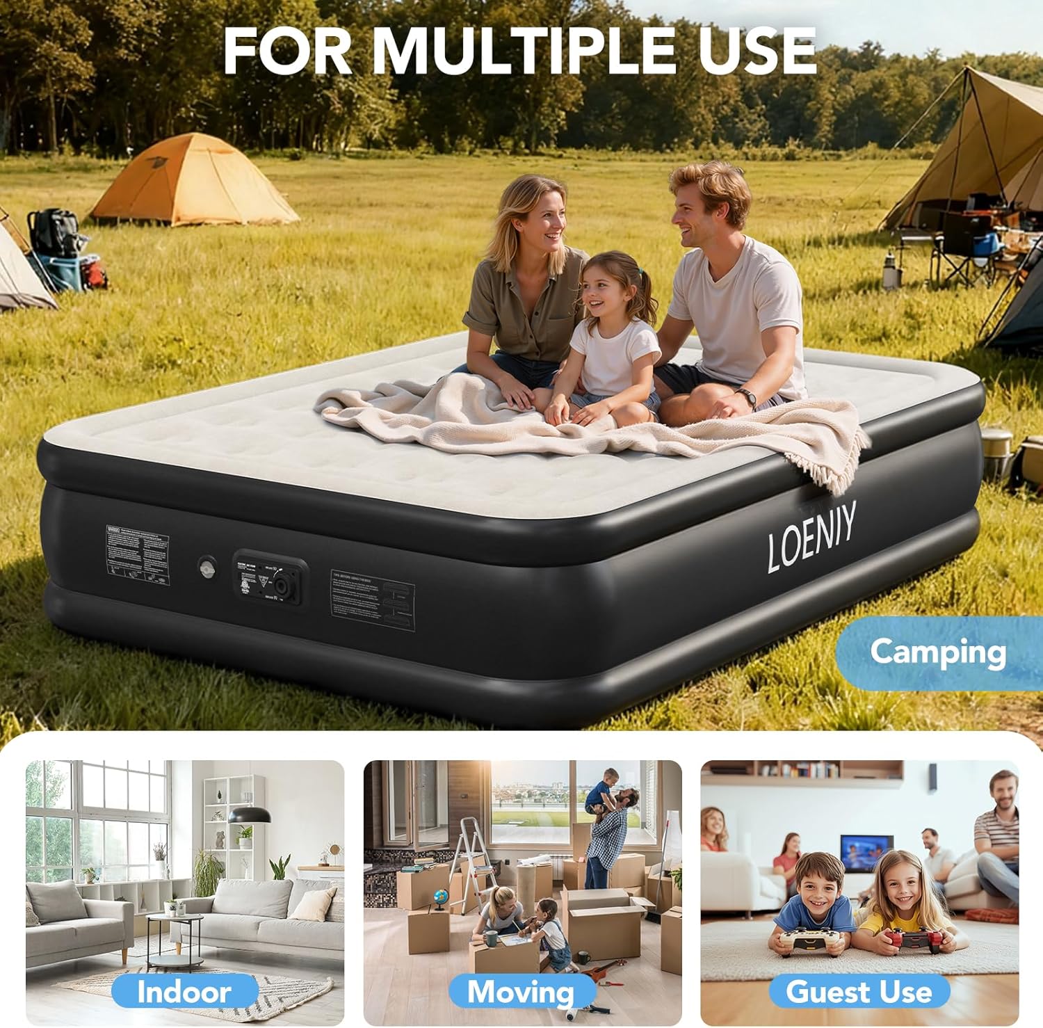 Queen Air Mattress with Built in Pump, 18” High Inflatable Mattress with Storage Bag, 3 Mins Easy Inflation/Deflation, 800lbs Heavy Duty Blow up Mattress, Flocked Top Air Bed for Home & Guests