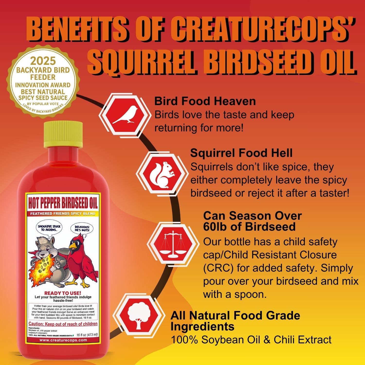 CreatureCops™ Spicy Squirrel Seed Sauce | All-Natural & Squirrel-Resistant Hot Pepper Bird Seed Oil | Flaming Hot Sauce Hotter Than Pre-Spiced Birdseed | Seasons  src=