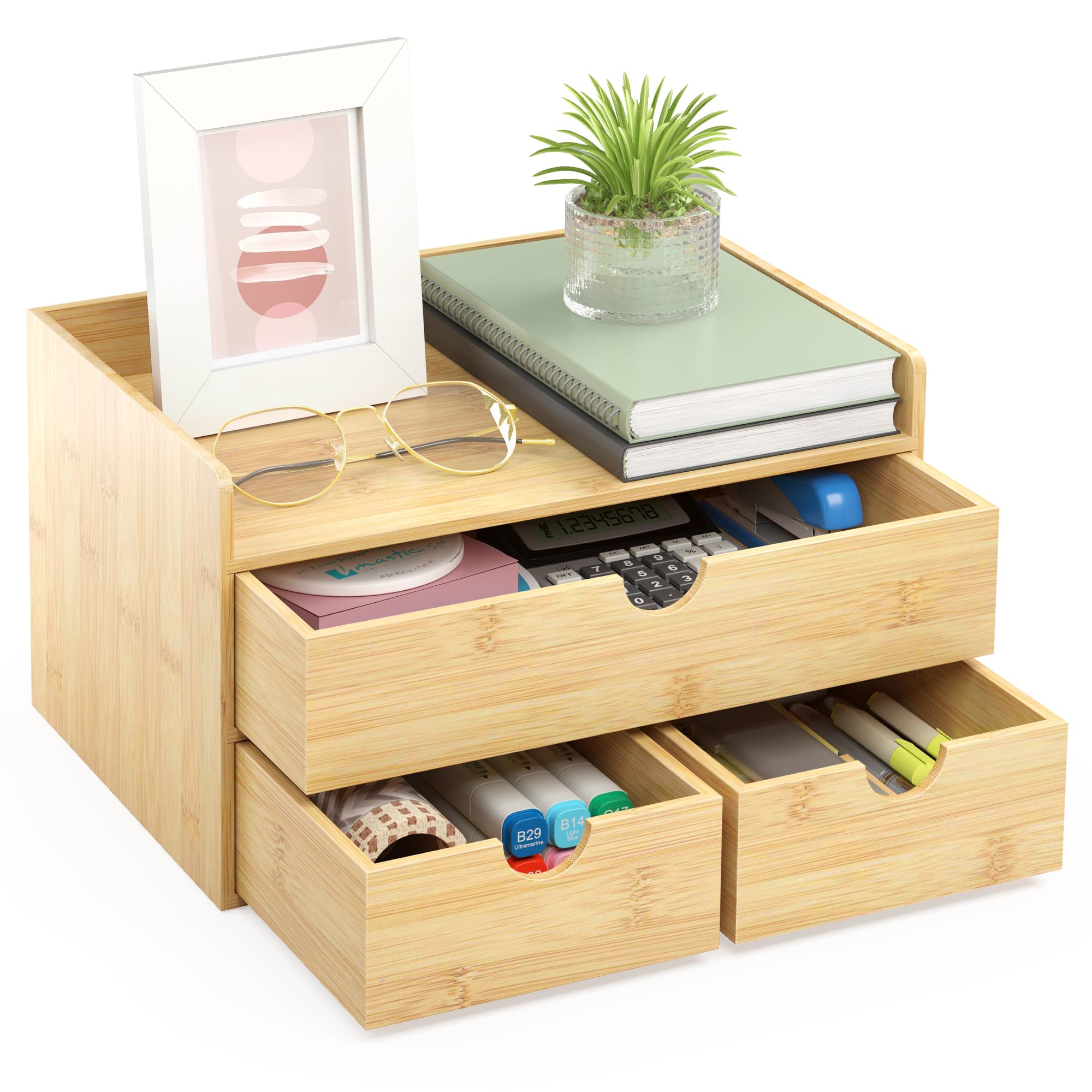 Wisuce Bamboo Desk Organizer - Mini Bamboo Desk Drawer Tabletop Cosmetic Storage Organization for Office or Home (Nature 3 Drawers)
