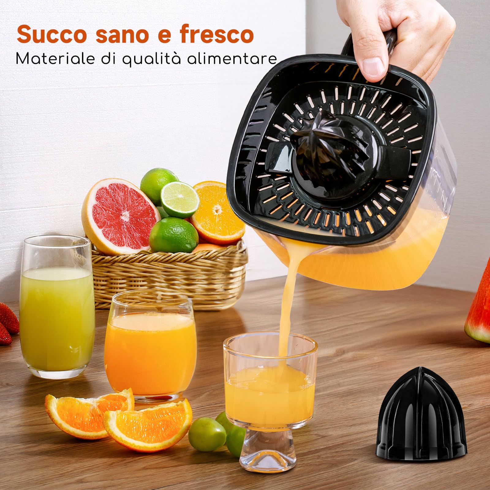 Aigostar Spremiagrumi Elettrico, 1,2L, Spremiagrumi con indicatore LED, 40W, 2 coni staccabili, Doppio Senso di Giro, Base in acciaio inox, Nero, Juicy