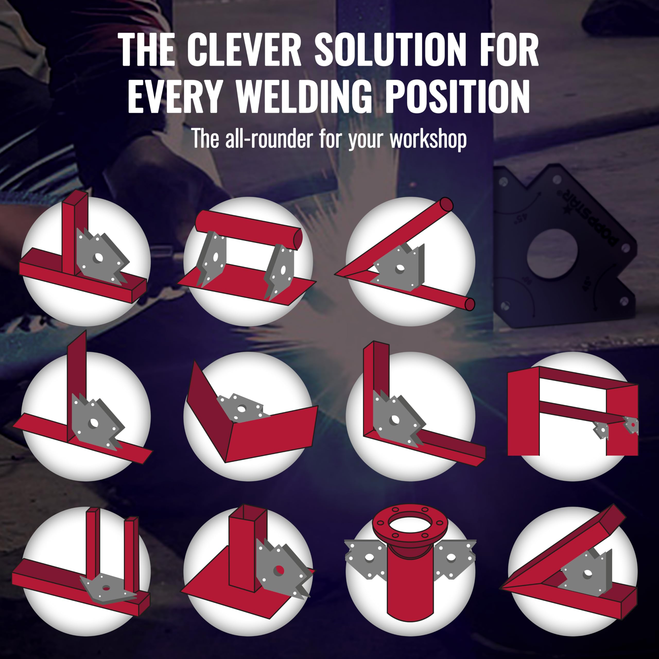 Poppstar Welding magnet (welding angle holding force 2x 11.3 kg, 45/90/135°, 2x 22.6 kg, 45/90/135°, 2x 34 kg, 45/90/135°) - Image 4