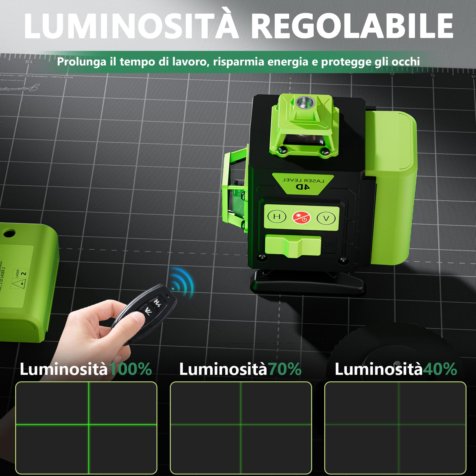 Verde Livella Laser Autolivellante 4x360 °, 16 Linee Livello per lavori di costruzione e per appendere quadri, Telecomando, 2 * batterie