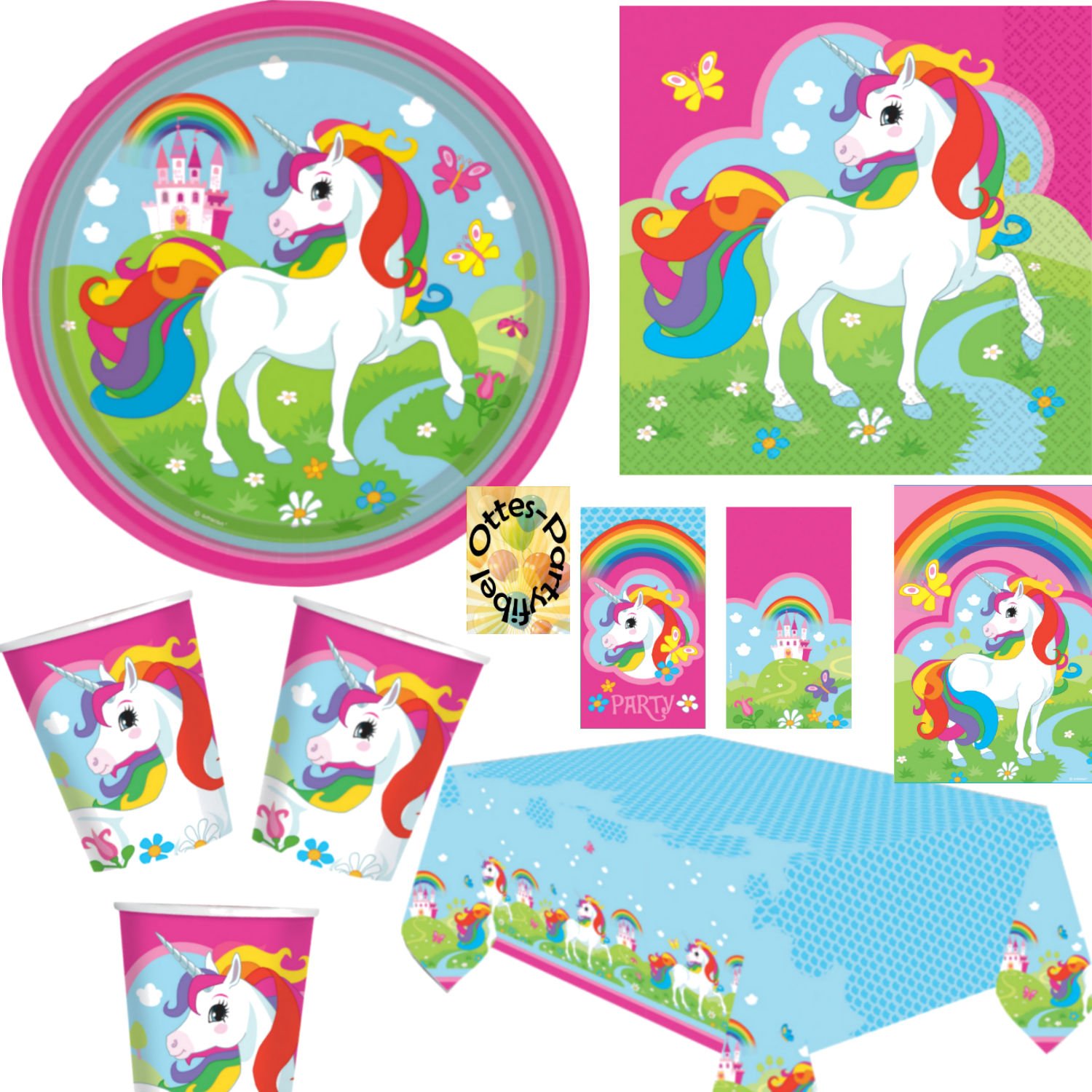 HHO Einhorn Regenbogen Partyset mit Deko 86tlg. für 16 Kinder Teller Becher Servietten 2 Tischdecken Tüten Einladung