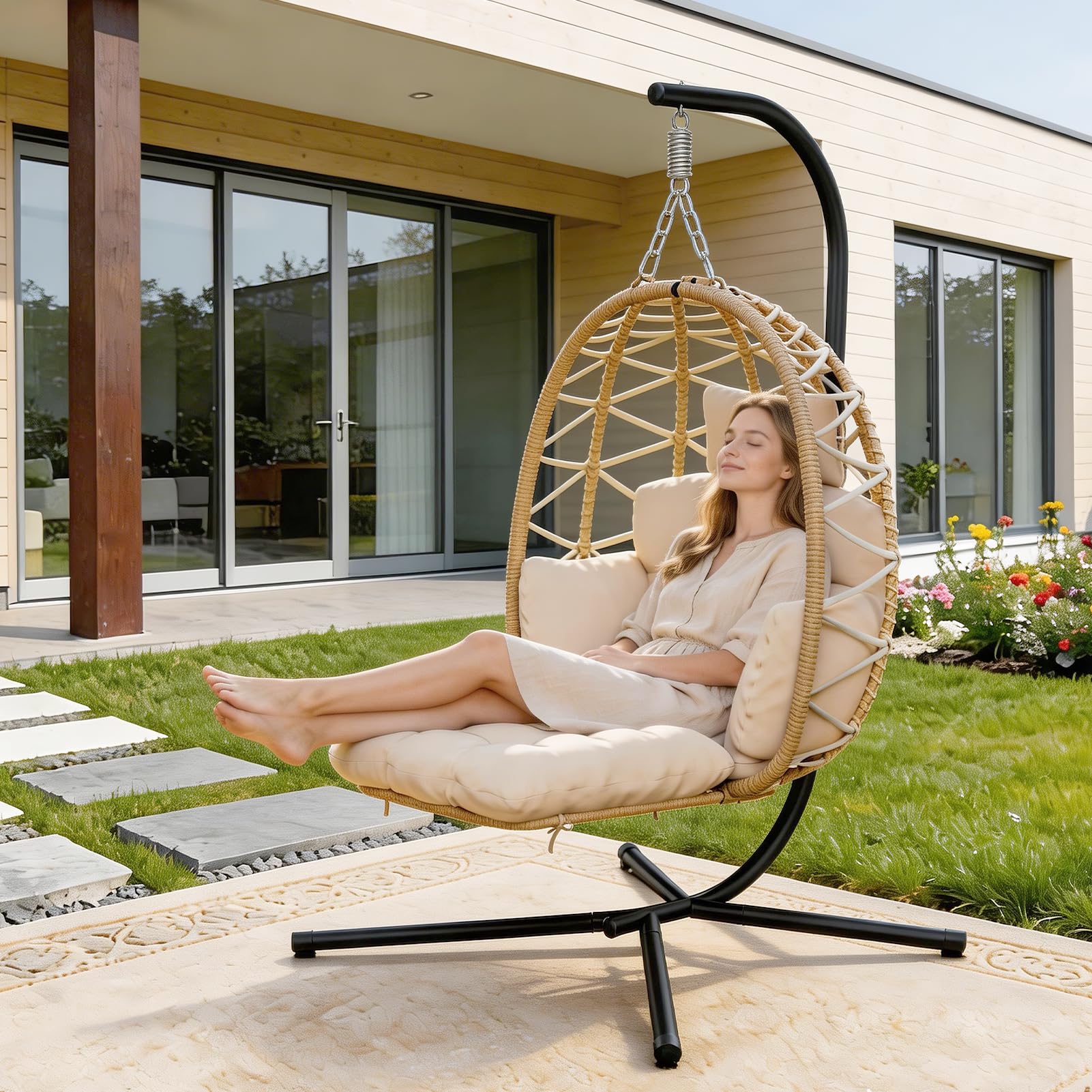 Silla colgante con estructura, cesta colgante con reposapiés y cojín grueso, sillón colgante de ratán, muebles para jardín, balcón, salón, soporta hasta 160 kg (beige)