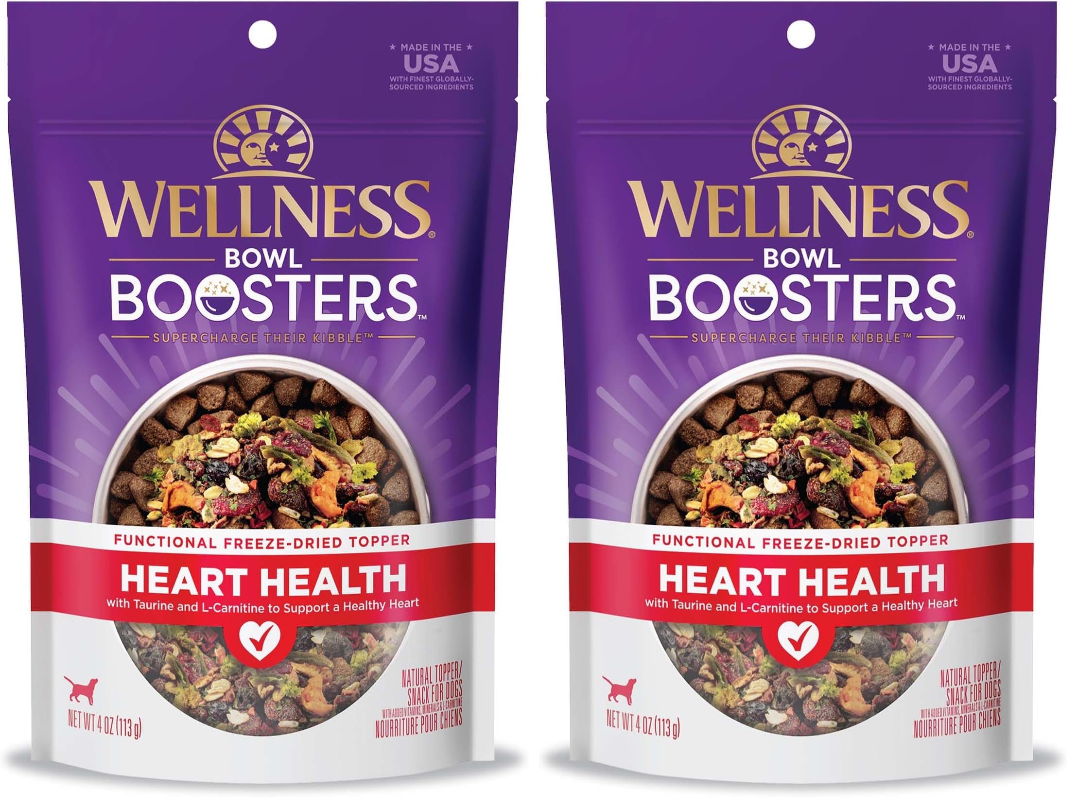 Wellness Bowl Boosters Heart Health Dog Food Topper with Freeze Dried Pieces for Small, Medium, and Large Breeds, Grain Free, Natural, Chicken Recipe, 4 oz Bag (Pack of 2)