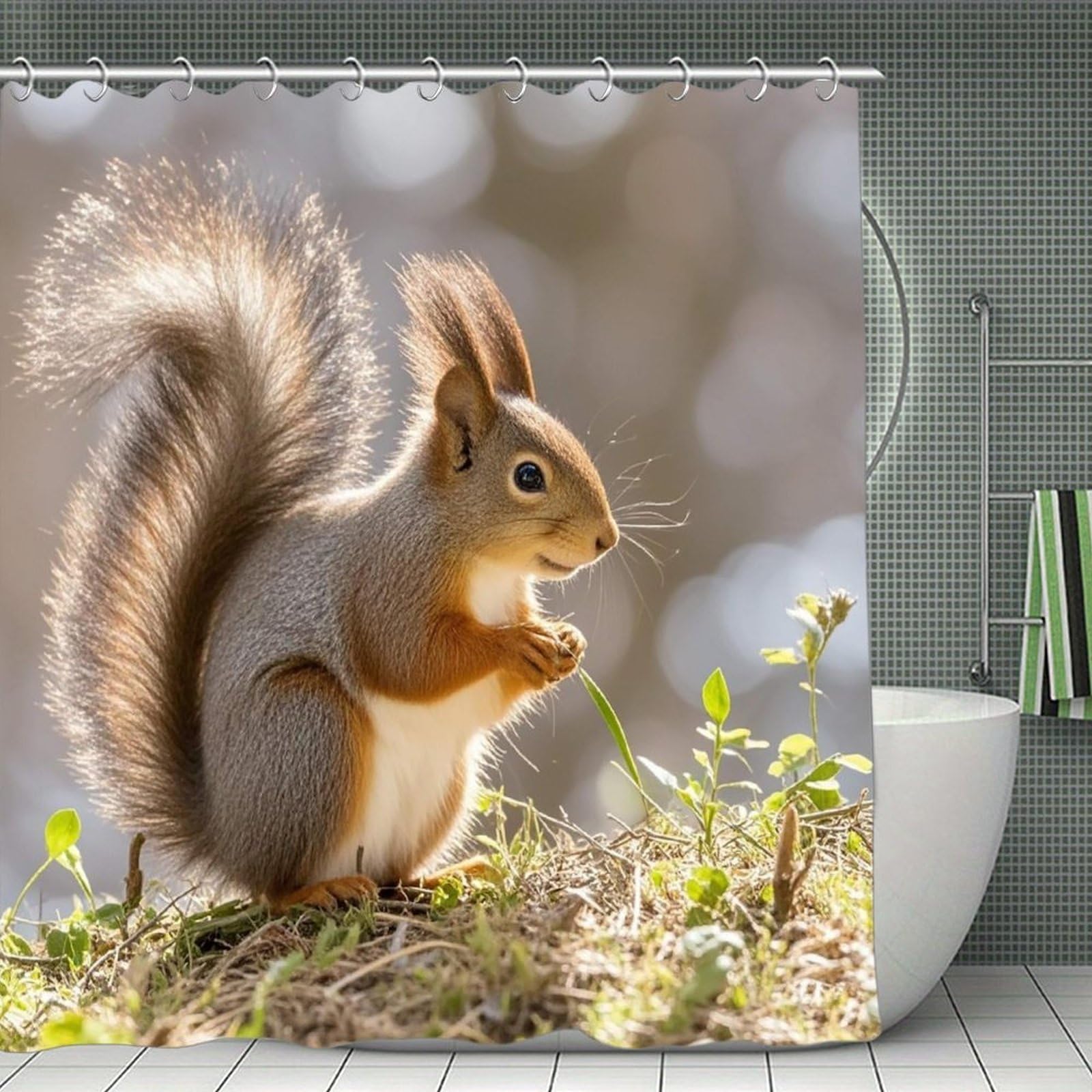 FekiLoot Squirrel Animal Shower Curtain with Hooks Modern Farmhouse Bathroom Curtain Waterproof Cloth Bath Curtains Cute Washable Blackout Privacy Curtains for Bathroom Bathtub 70.8"x70.8"
