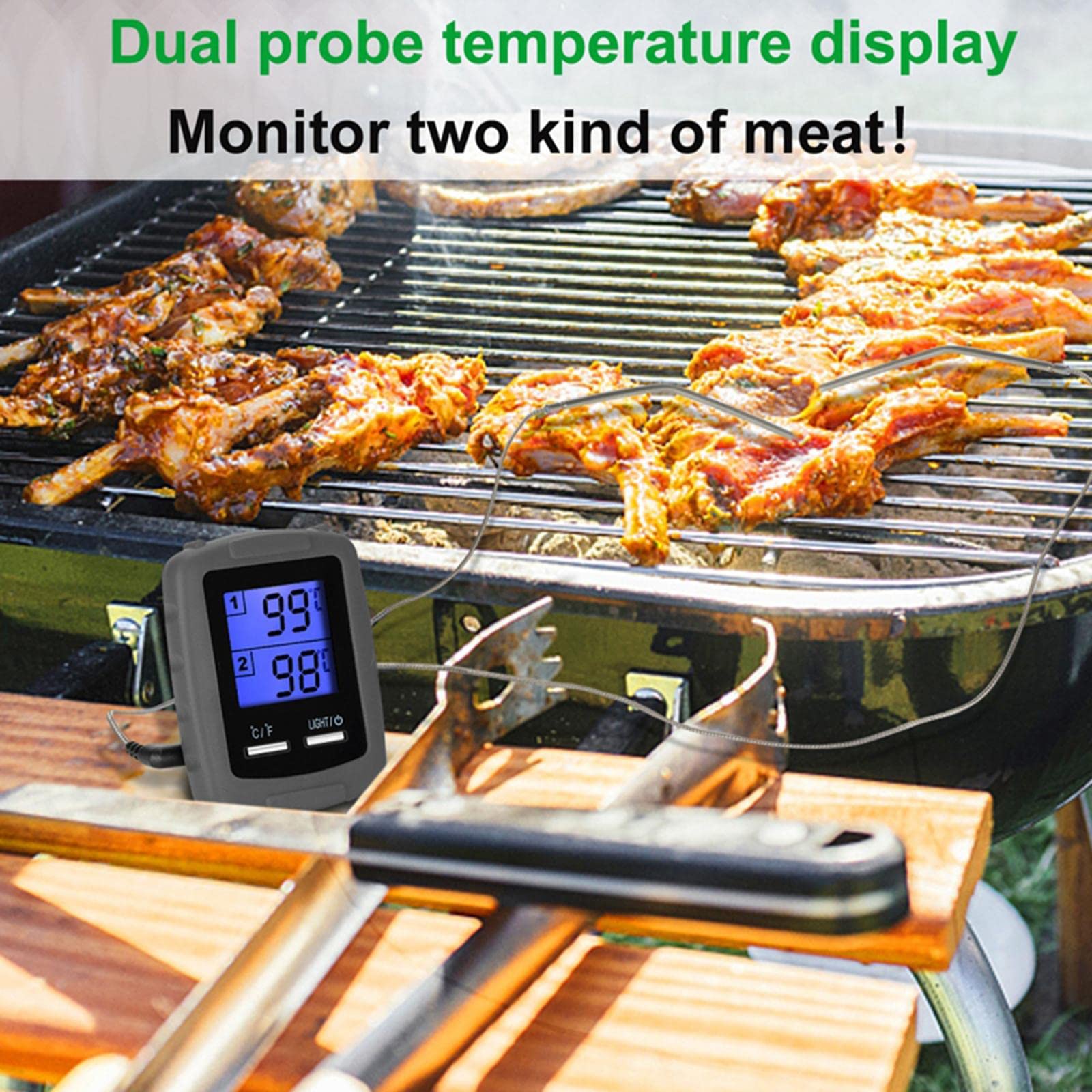 BBQ Thermometer mit Drahtloser Fernbedienung Und Edelstahl Sensoren Zur Überwachung von Grill Und Fleisch Wasserfest Alarm bei Überhitzung Fü, Grau