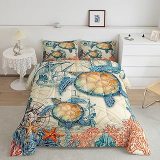 Sea Turtle Bedding Set Full Size Colorful Coral Starfish Comforter Set 3 Pieces for Kids Teens Adults Sailing Ocean Nautical Theme Duvet InsertÂ Bedroom Decor Soft with 2 Pillowcases