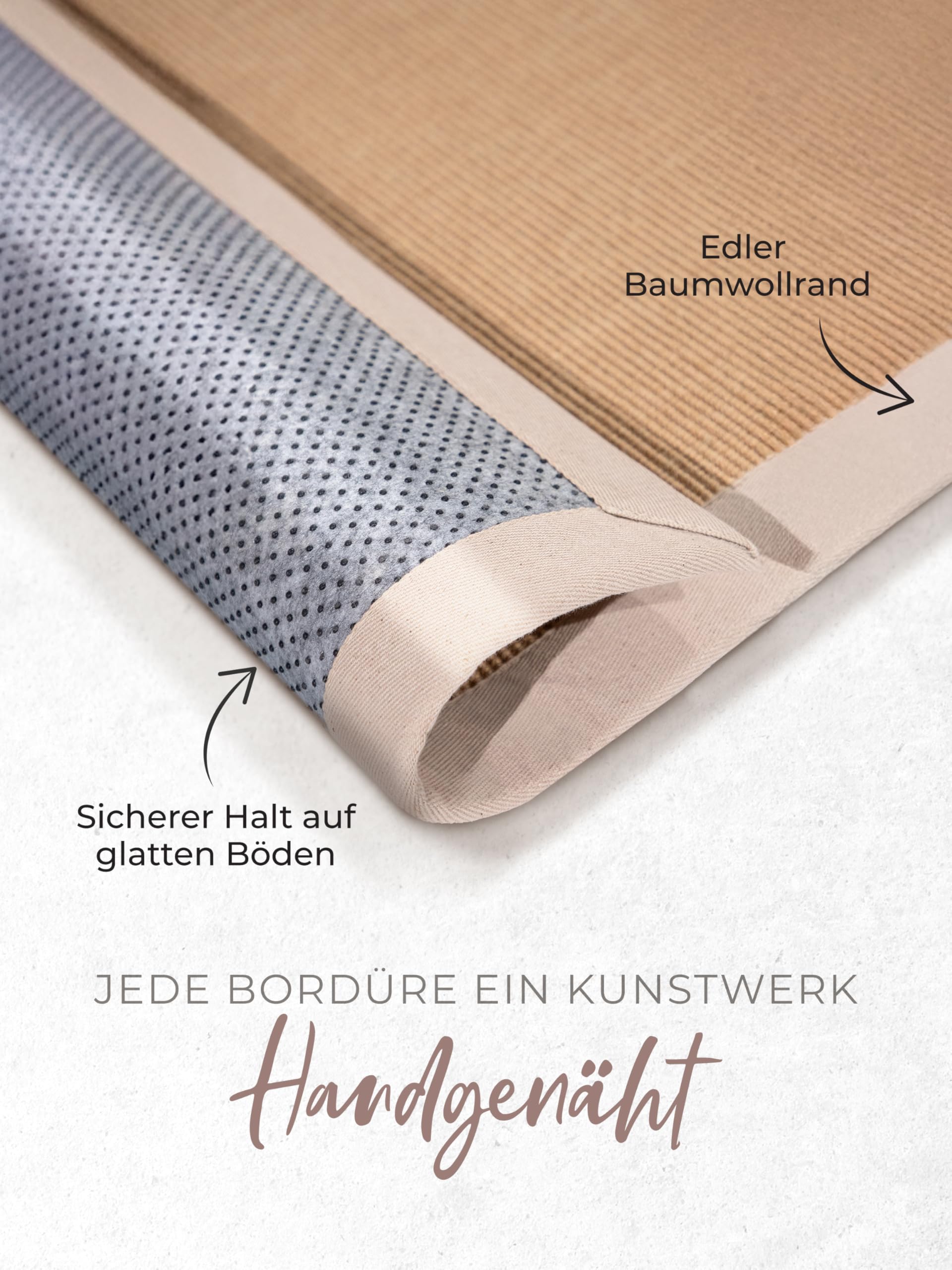carpetfine Sisalteppich Läufer Naturfarbe 60x180 cm handgewebt mit Bordüre aus Baumwolle in Beige | Rutschfester Flachgewebe Teppichläufer Uni aus Naturfasern für Wohnzimmer, Schlafzimmer
