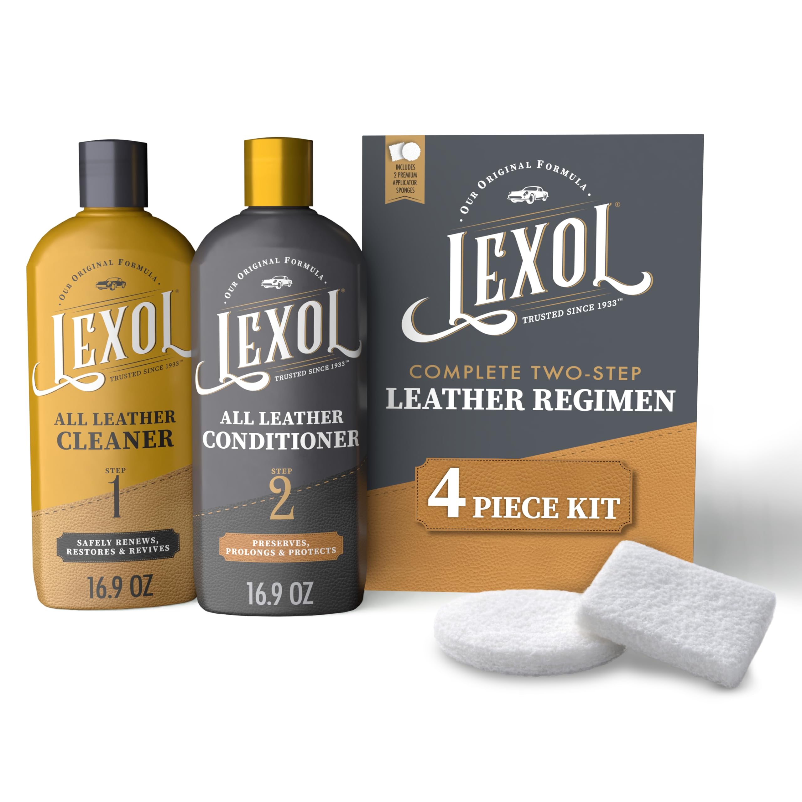 Lexol Pflegespülungs-Set, Verwendung auf Auto, Leder, Möbel, Schuhe, Taschen und Zubehör, schnelles und einfaches Schritt-Regime, 237 ml Flaschen, inkl. zwei Applikationsschwämmen.